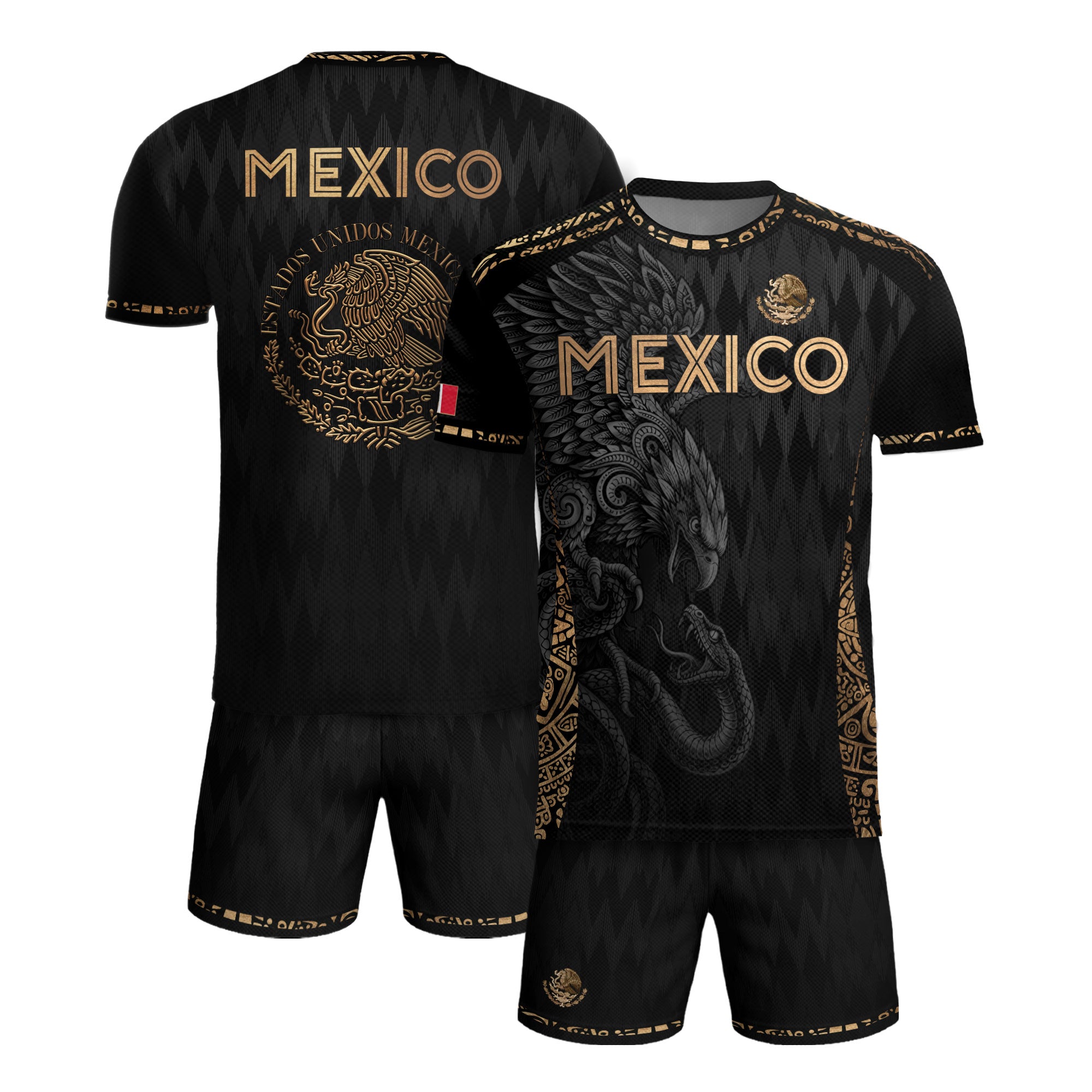 Camiseta de fútbol premium con emblema de águila azteca verde y dorado de México