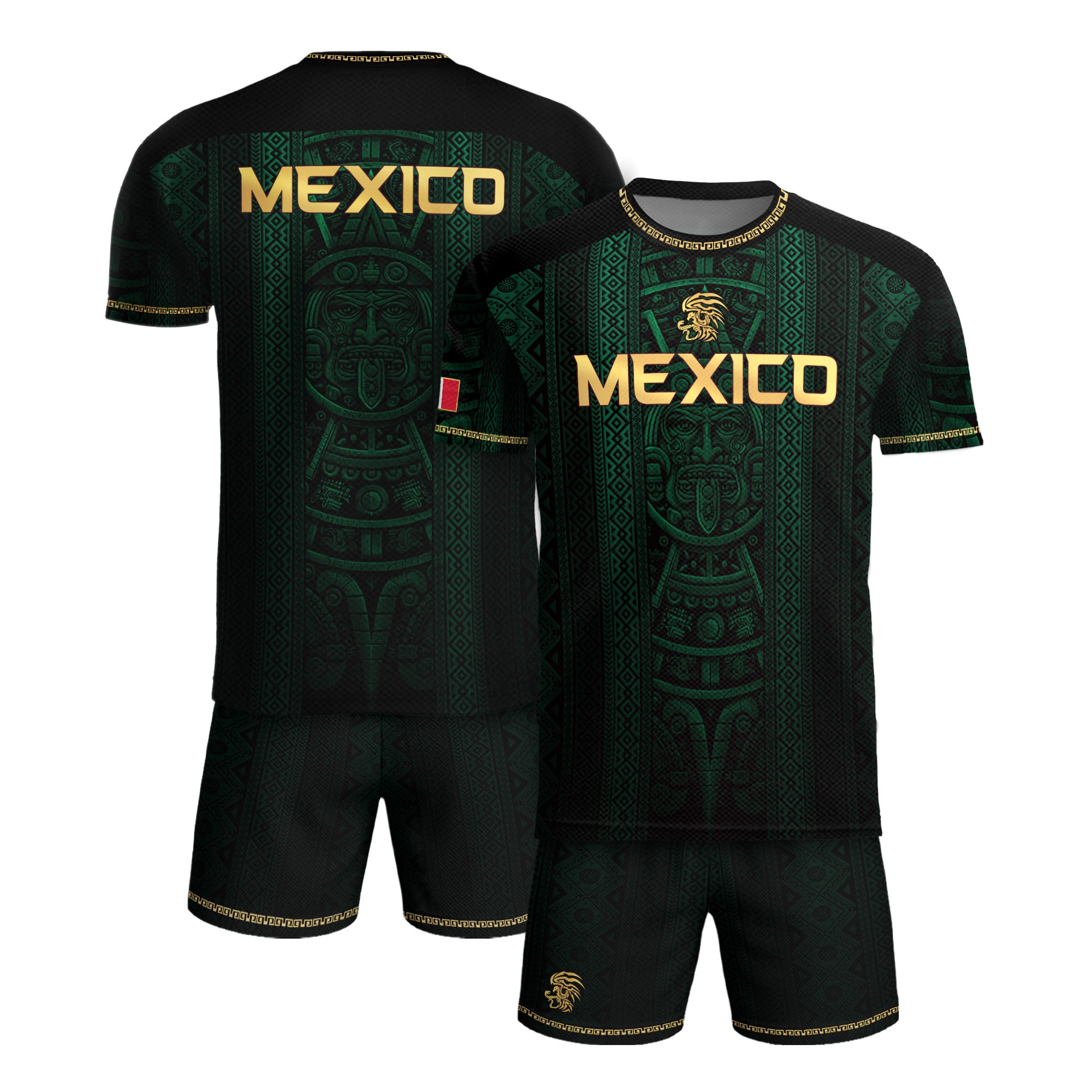 Camiseta de fútbol premium con emblema de águila azteca verde y dorado de México