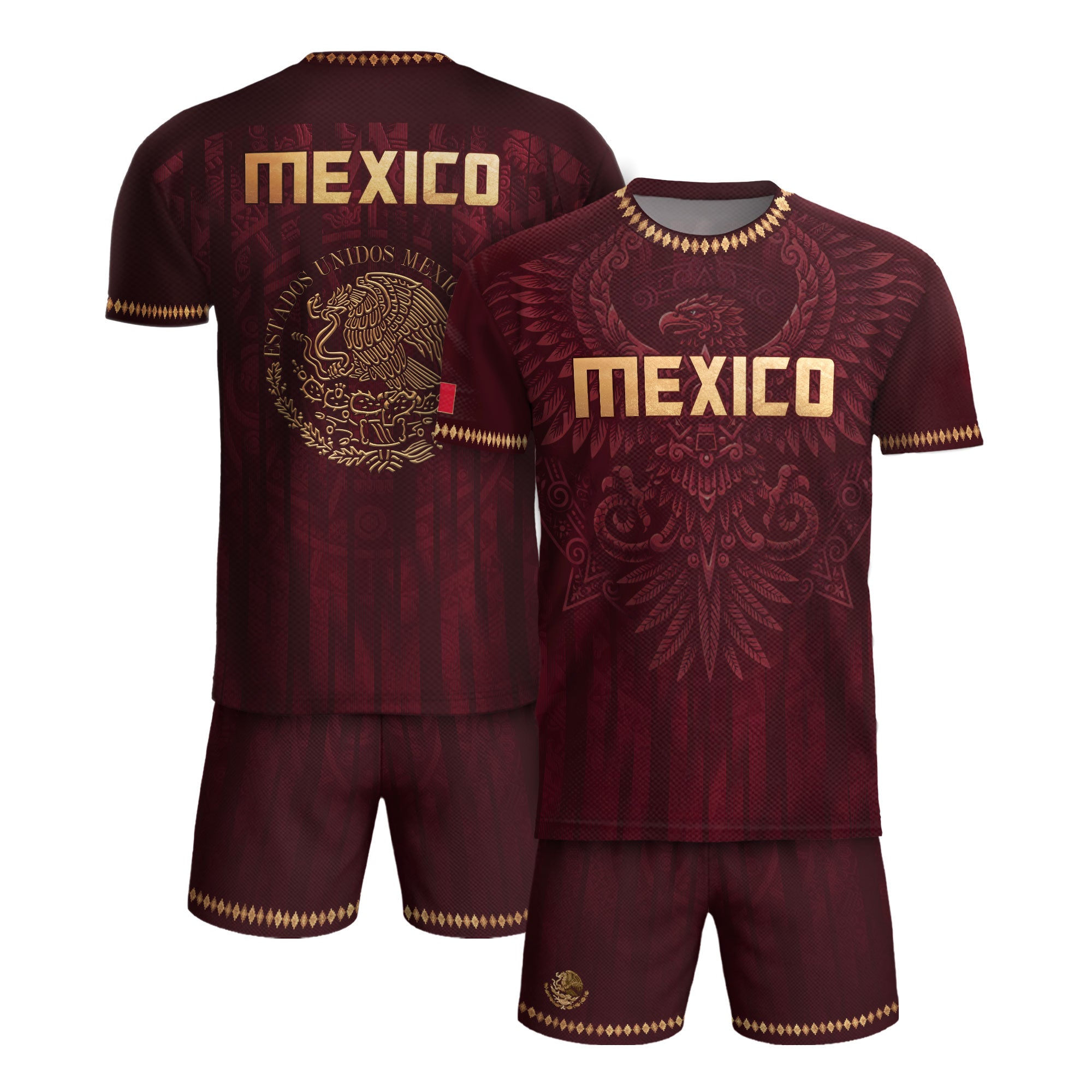 Camiseta de fútbol premium con emblema de águila azteca verde y dorado de México
