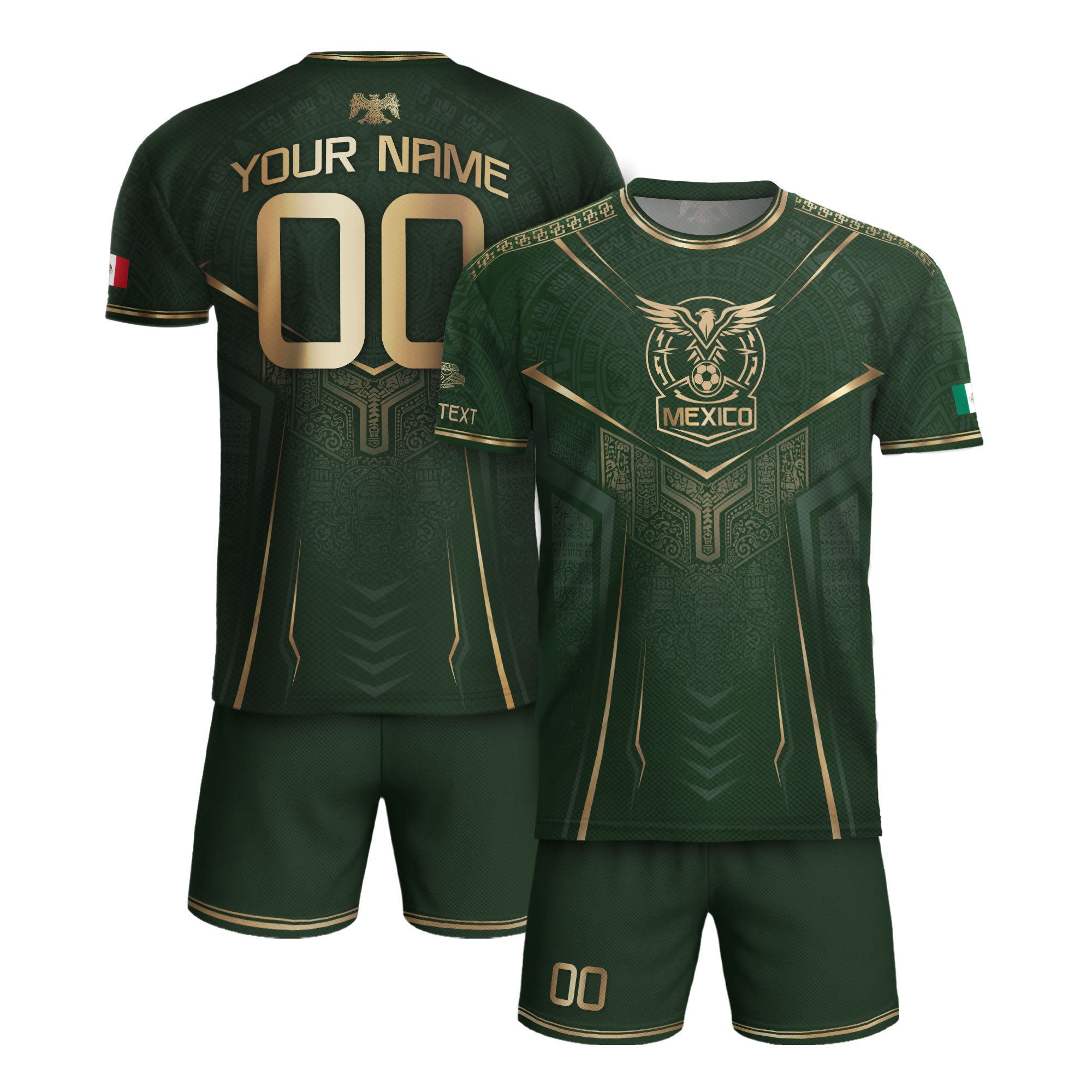 Camiseta de fútbol premium con emblema de águila azteca verde y dorado de México