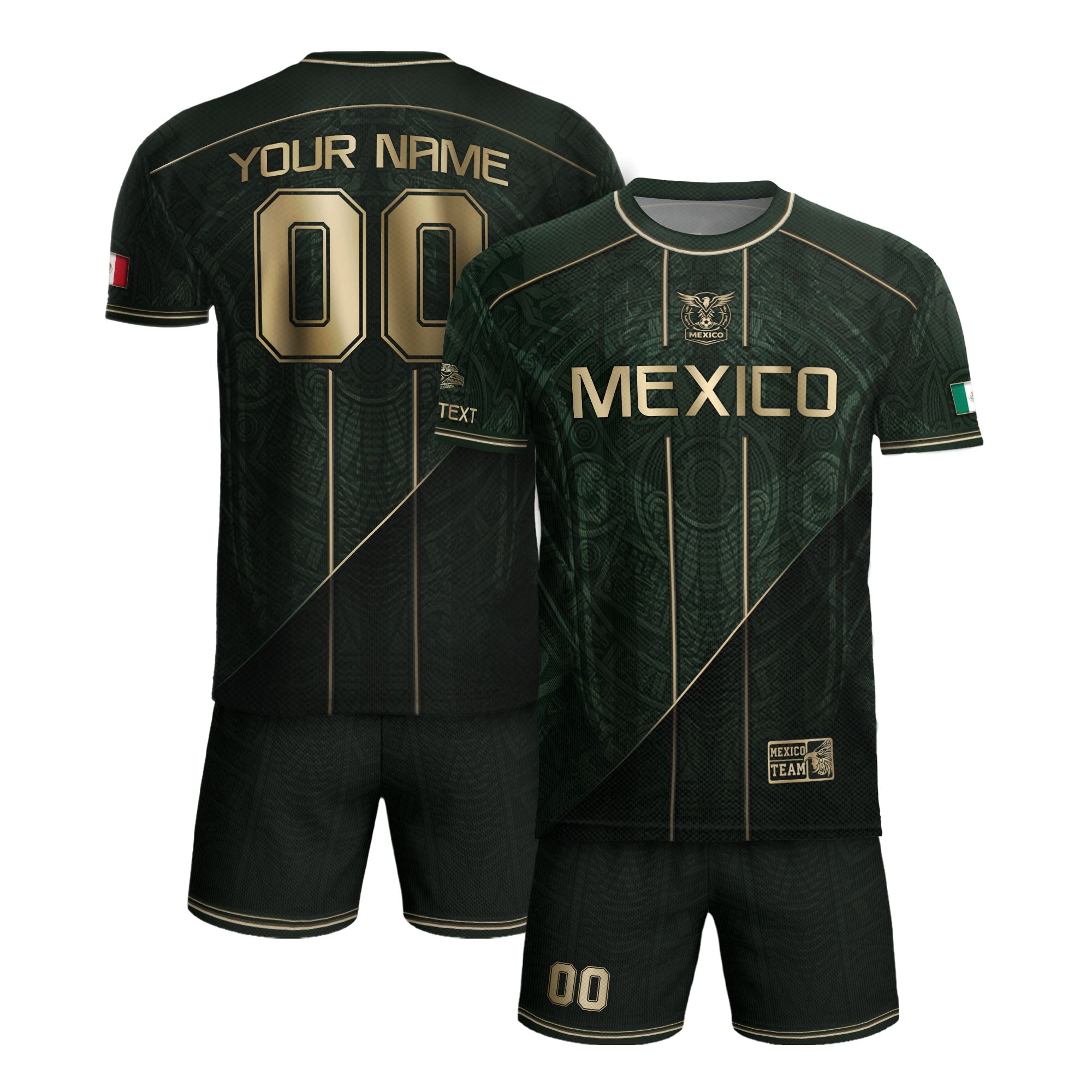 Camiseta de fútbol premium con emblema de águila azteca verde y dorado de México