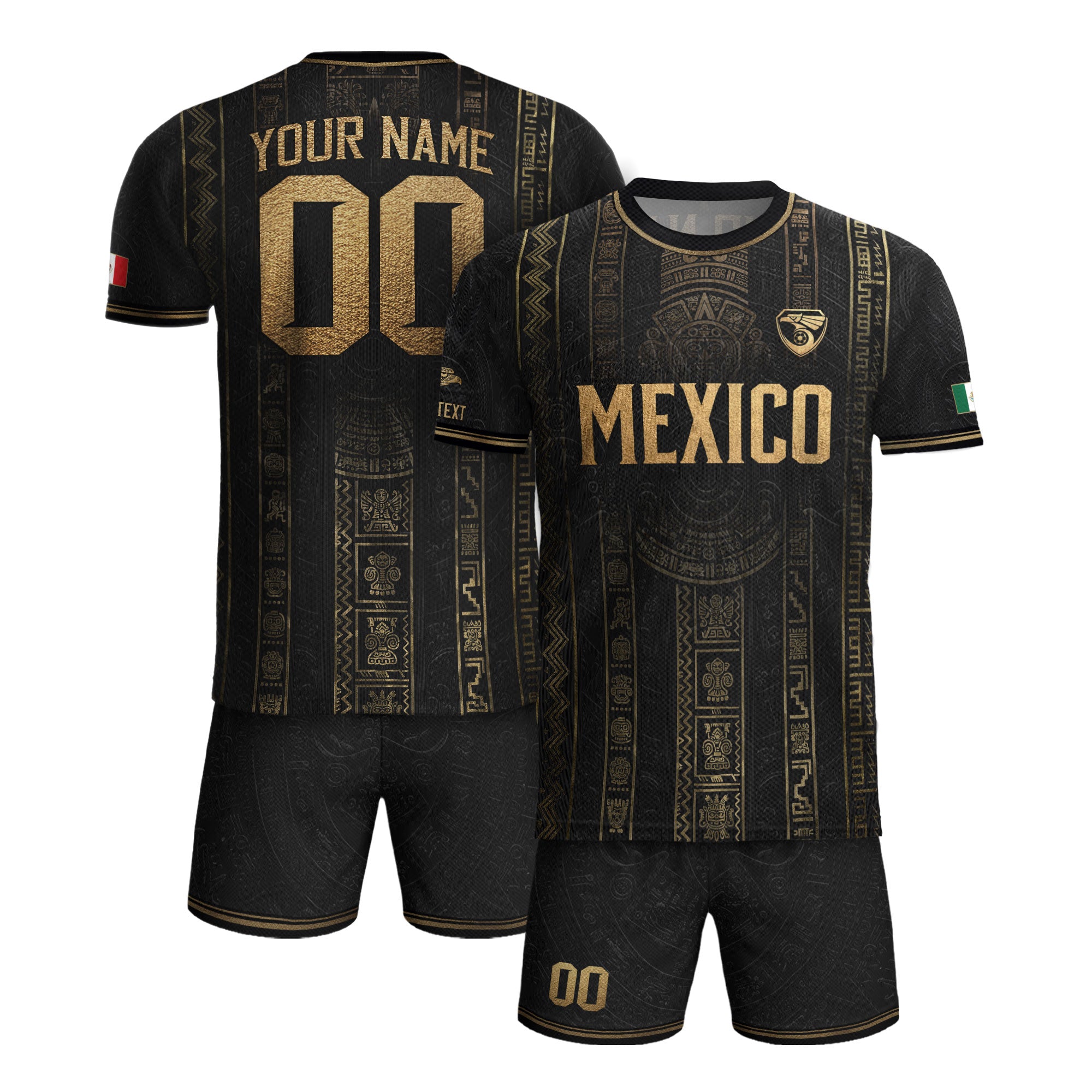 Camiseta de fútbol premium con emblema de águila azteca verde y dorado de México