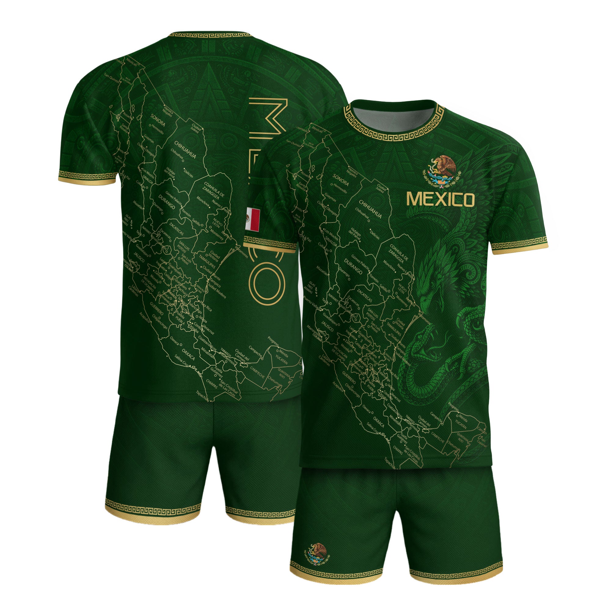Camiseta de fútbol premium con emblema de águila azteca verde y dorado de México