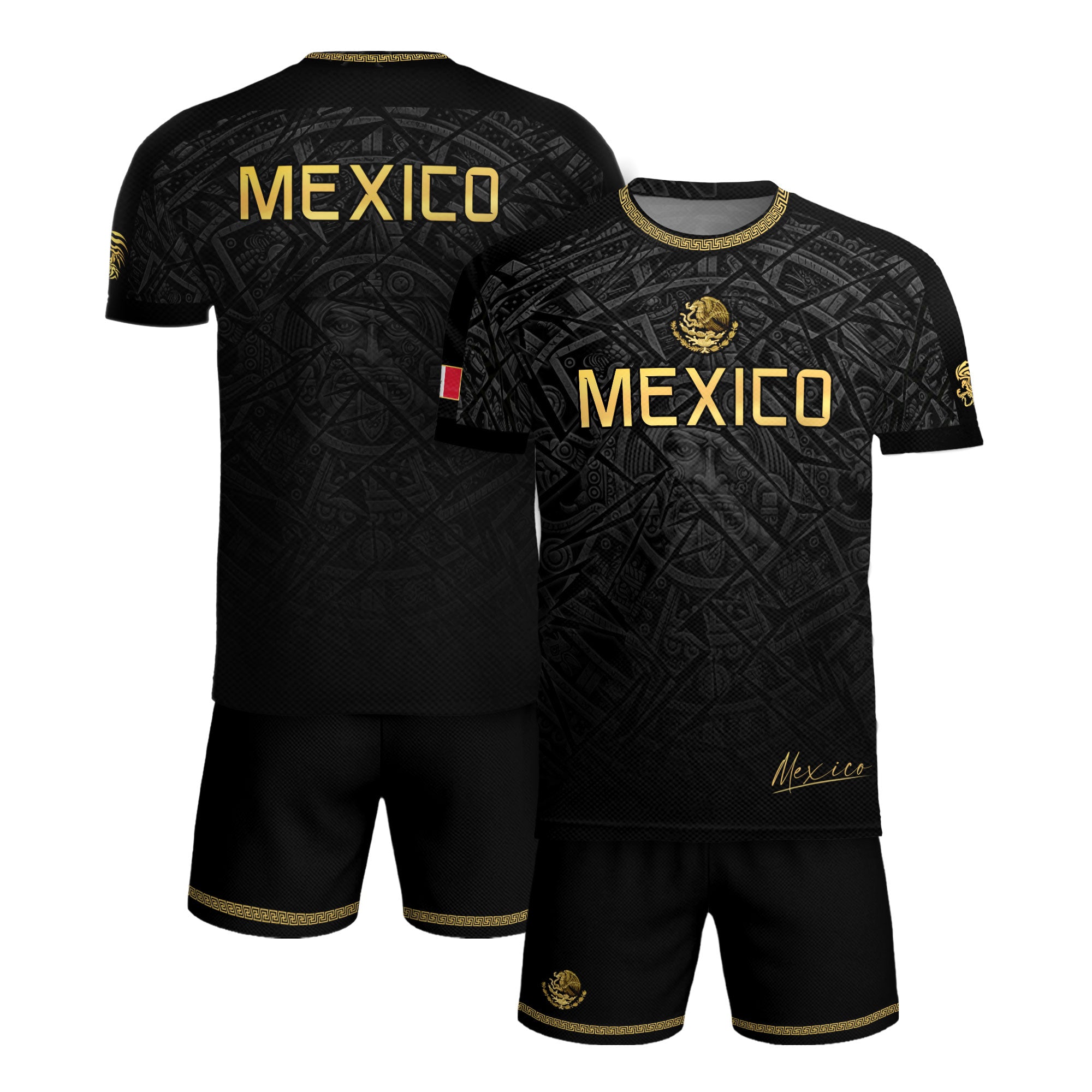 Mexico Soccer Jersey Black Gold Aztec Pattern – Football Shirt for Men Fans