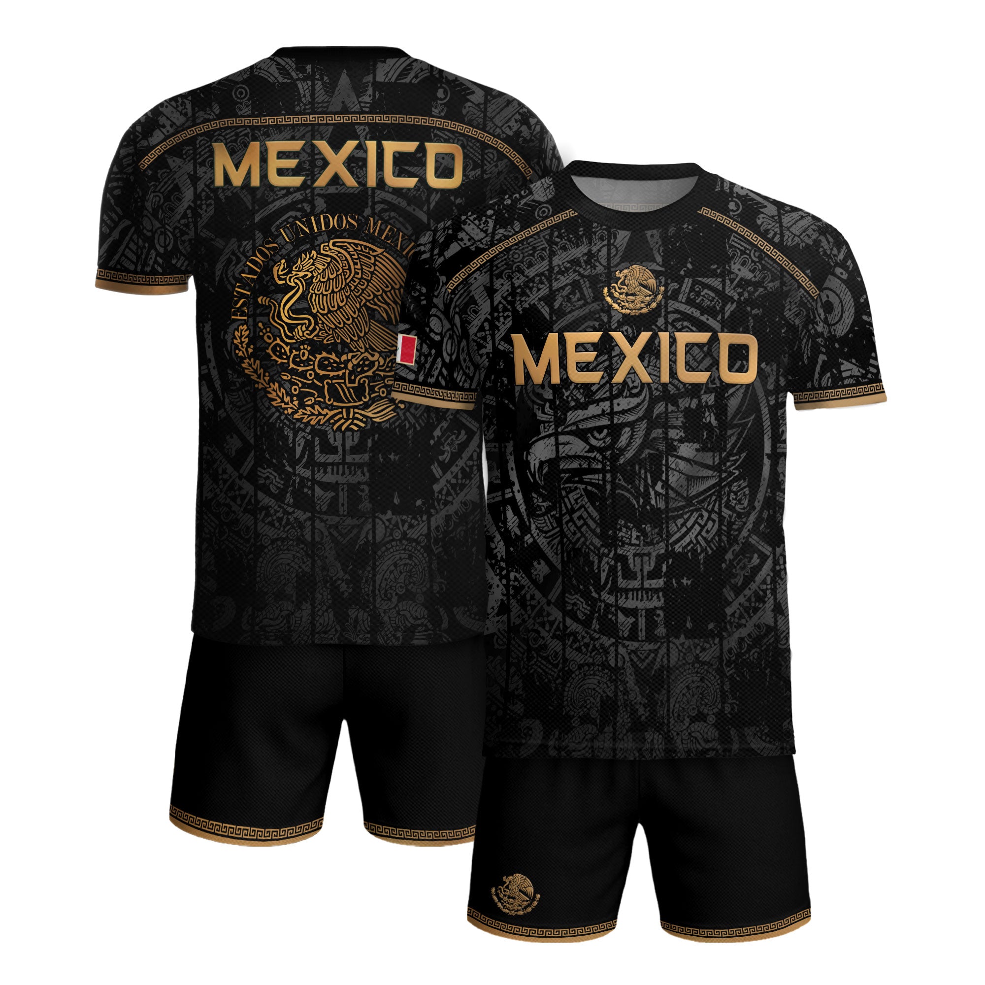 Mexico Soccer Jersey Black Eagle Crest - Aztec Sun Stone Heritage Fan Football Shirt