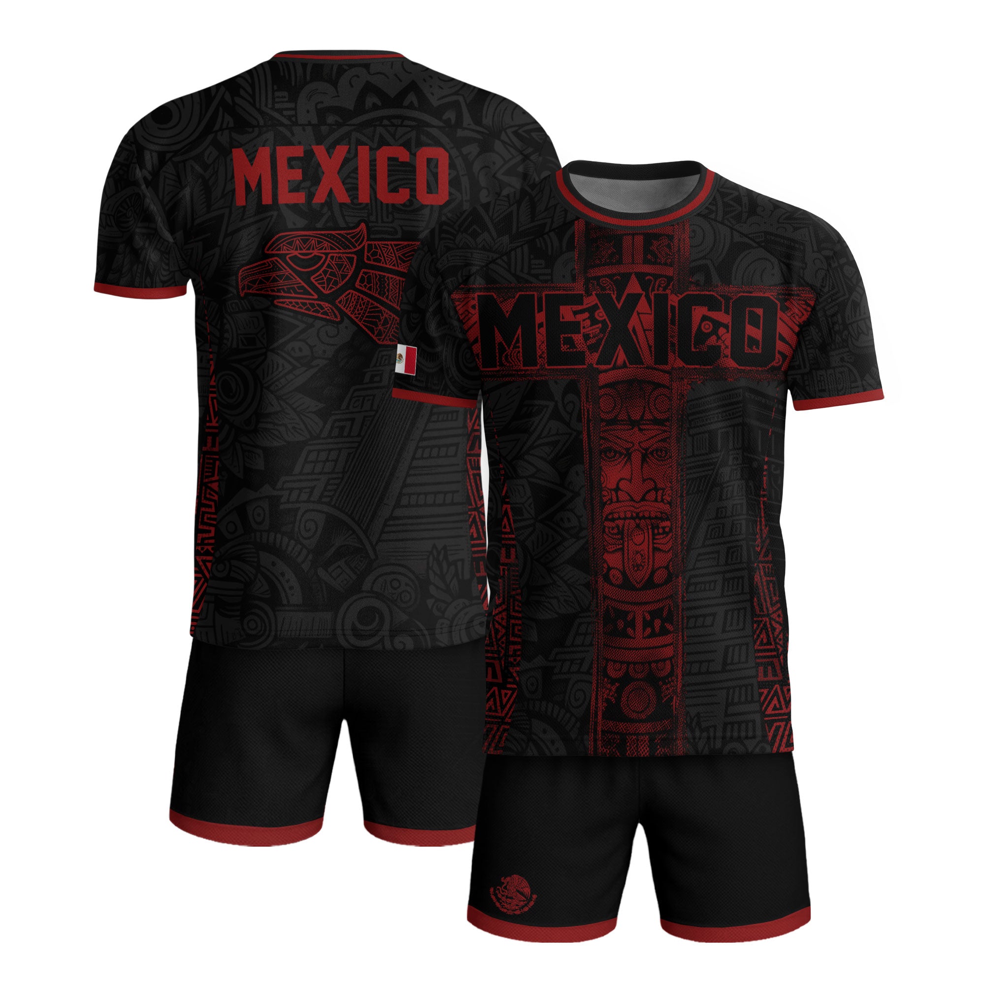 Mexico Soccer Jersey Men Black Red Aztec Cross Warrior Mexican Football Shirt