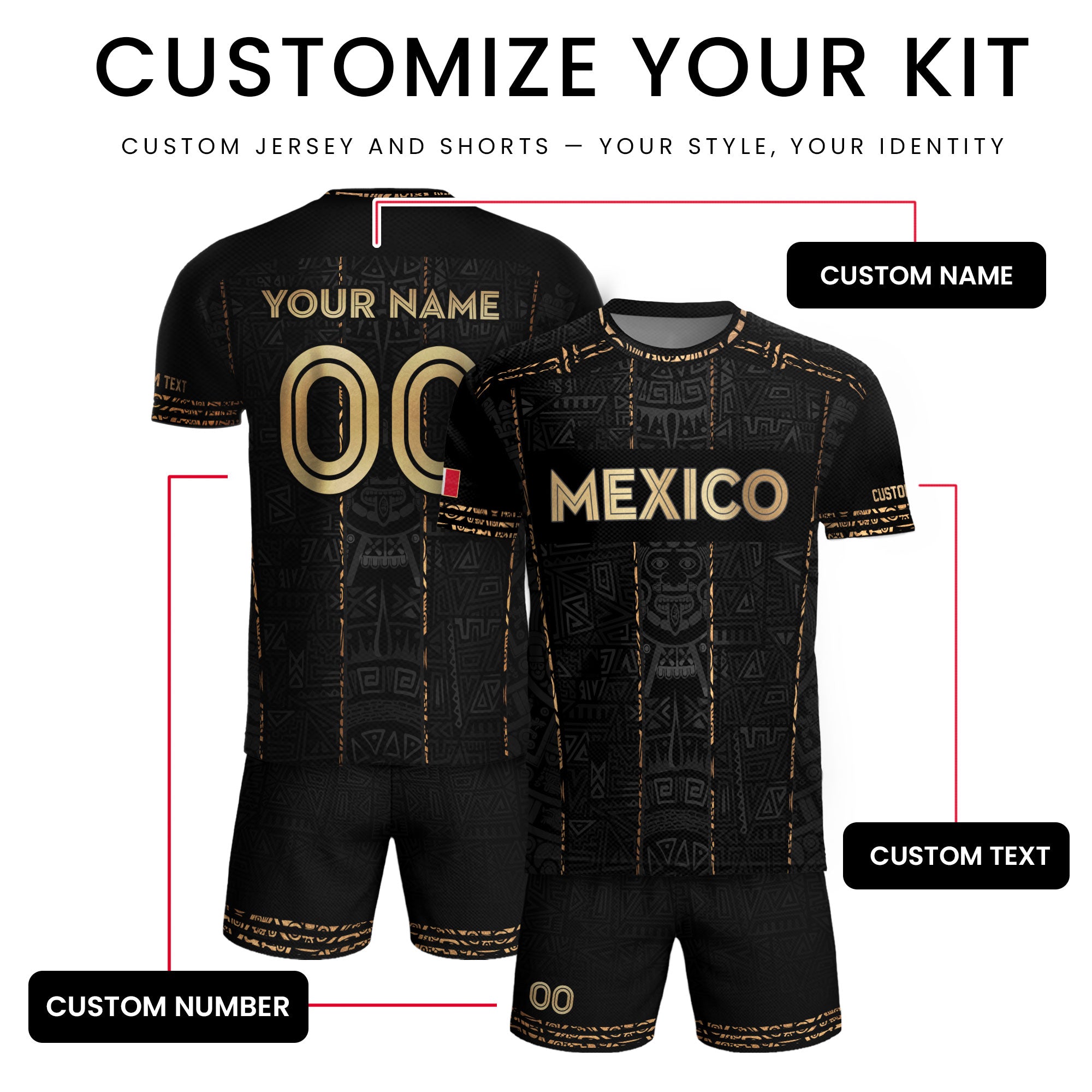 Camiseta de fútbol premium con emblema de águila azteca verde y dorado de México