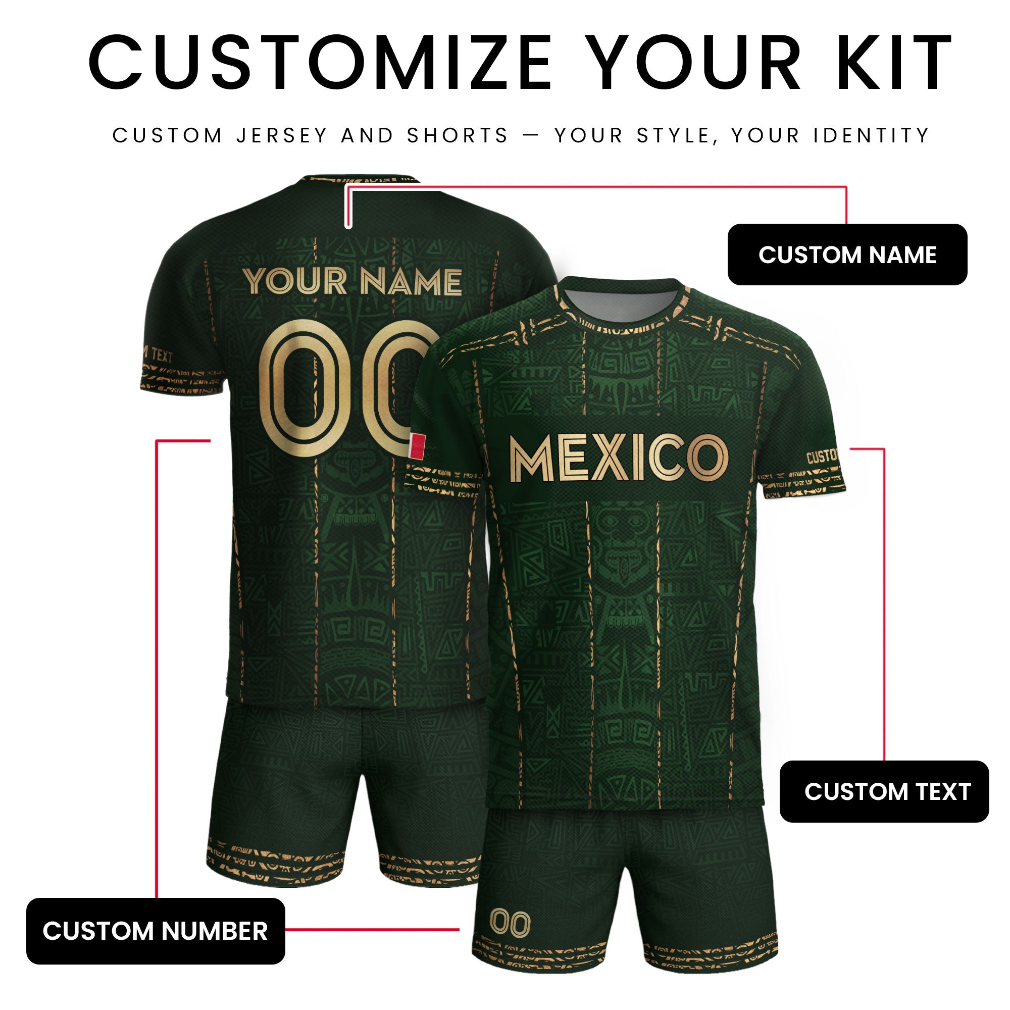 Mexico Soccer Jersey Custom Name - Green Aztec Heritage Pattern Tribal Football Shirt