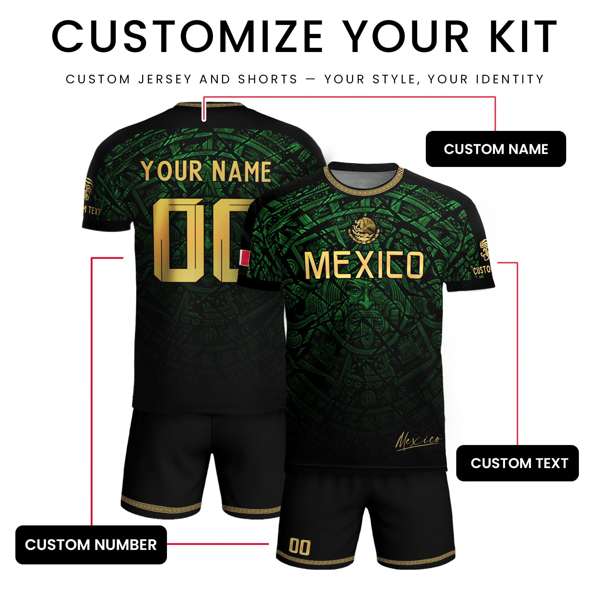 Custom Mexico Soccer Jersey – Green Aztec Calendar Pattern Black Football Shirt