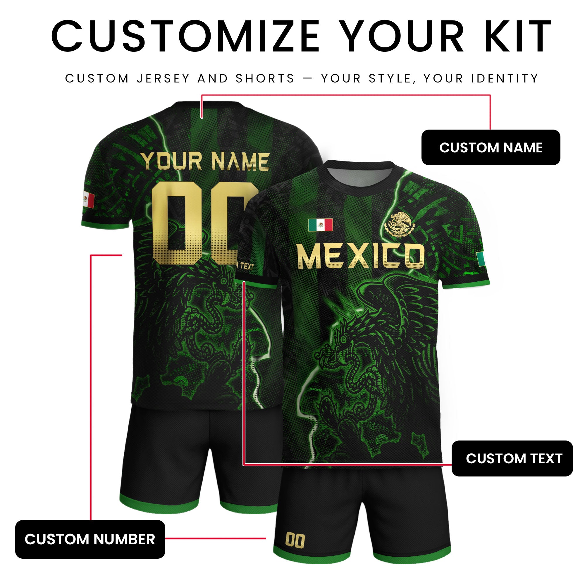 Custom Mexico Soccer Jersey – Black Green Aztec Serpent Lightning