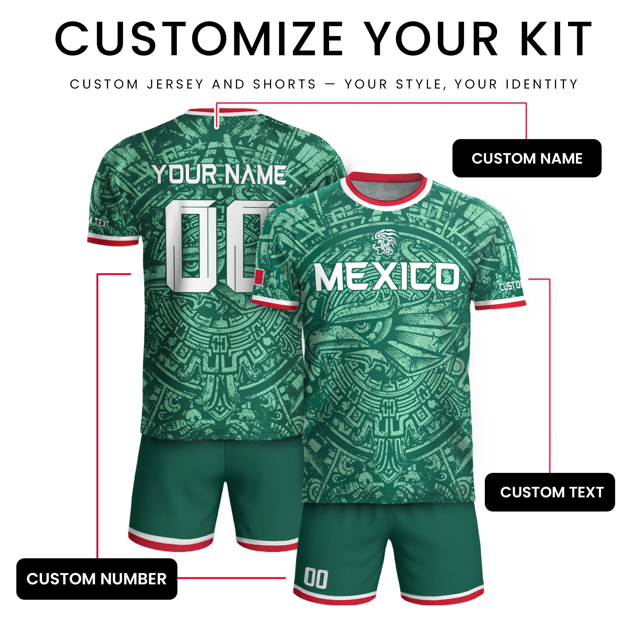 Mexico Soccer Jersey Custom Name - Green Aztec Calendar & Eagle Heritage Football Shirt