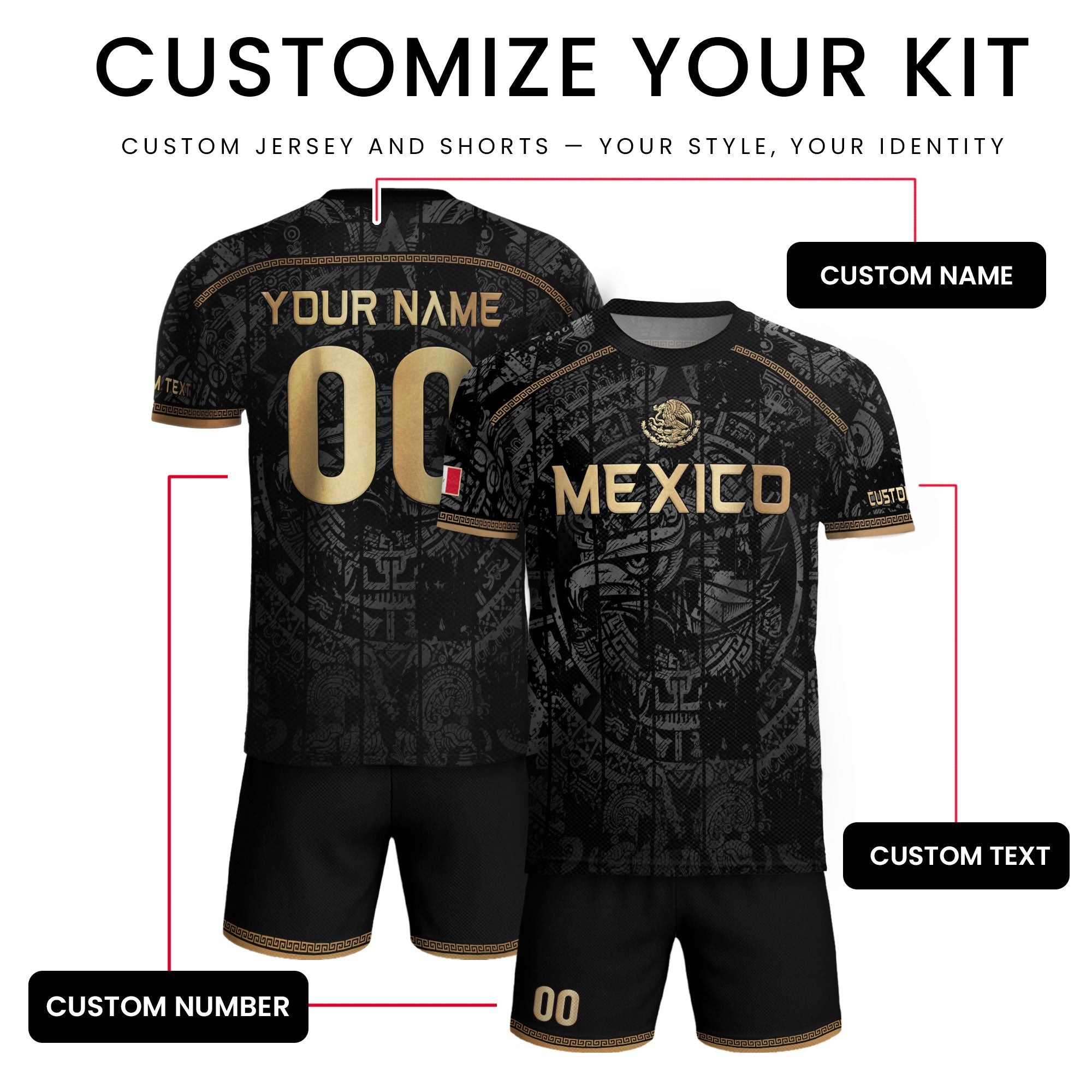 Mexico Soccer Jersey Custom Name - Black Gold Aztec Calendar Heritage Football Shirt