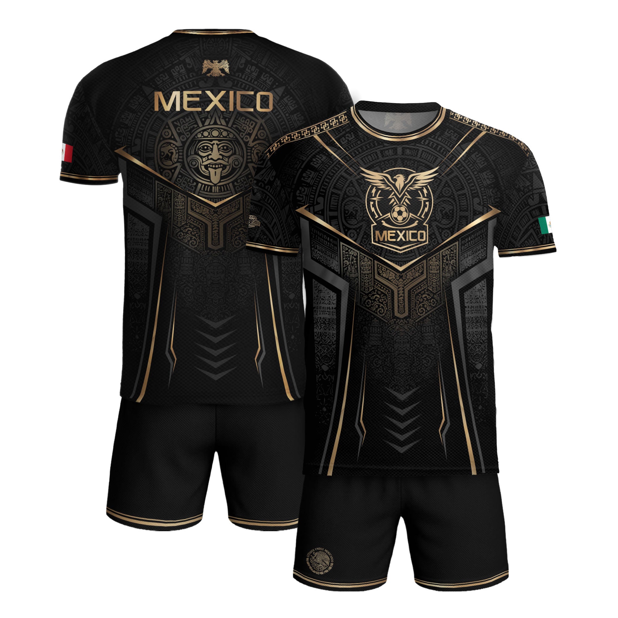 Camiseta de fútbol premium con emblema de águila azteca verde y dorado de México
