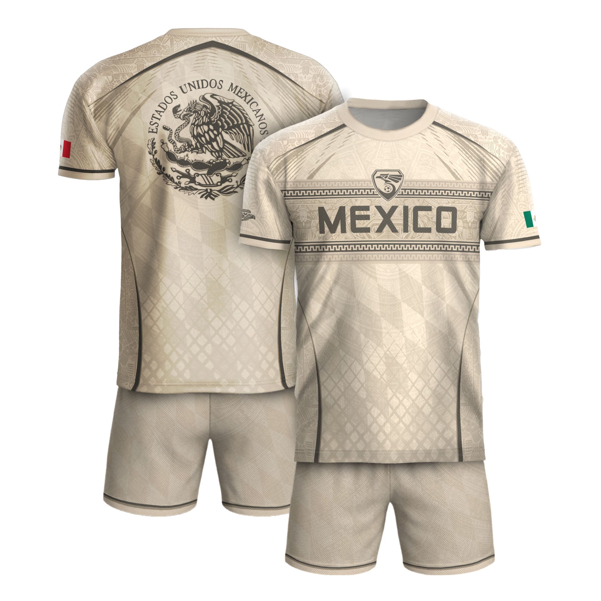 Camiseta de fútbol premium con emblema de águila azteca verde y dorado de México