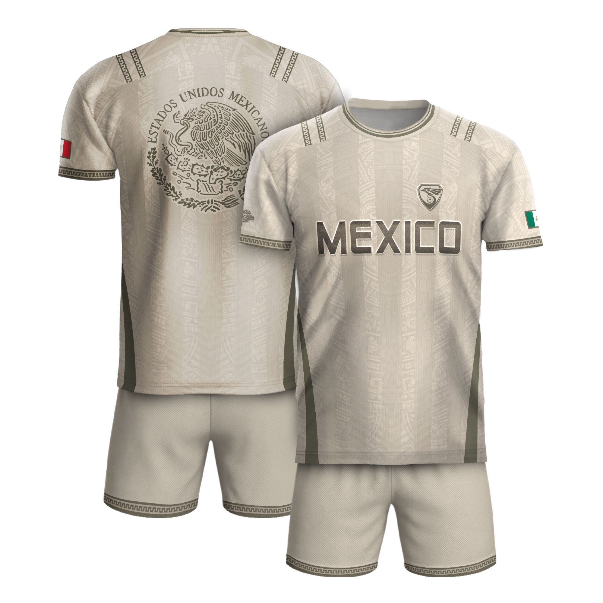 Camiseta de fútbol premium con emblema de águila azteca verde y dorado de México