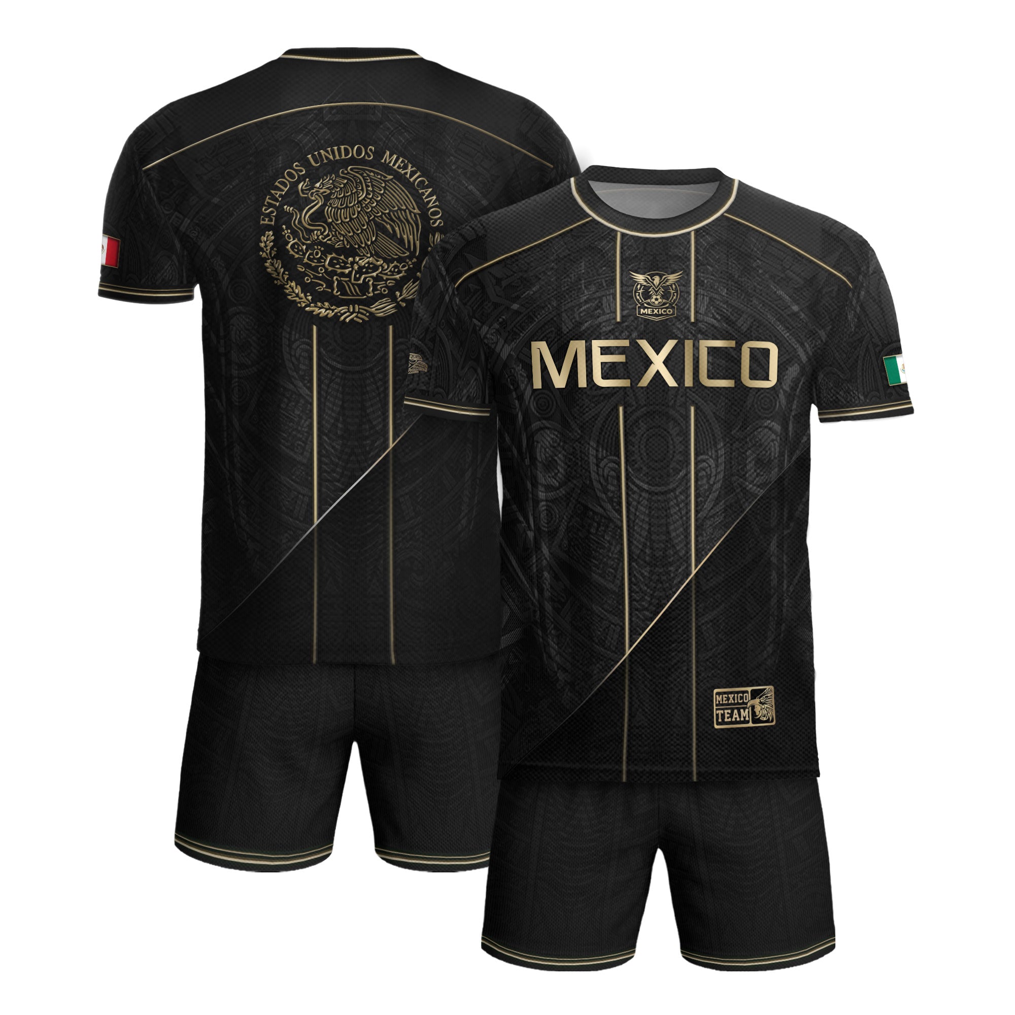 Camiseta de fútbol premium con emblema de águila azteca verde y dorado de México