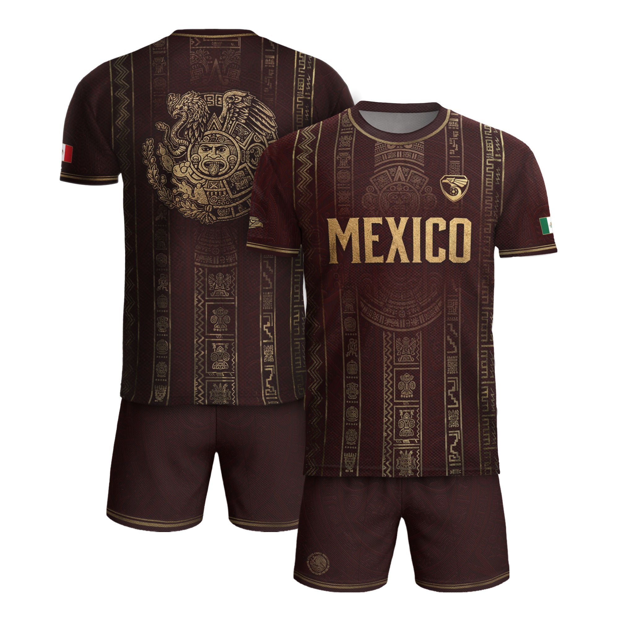 Camiseta de fútbol premium con emblema de águila azteca verde y dorado de México