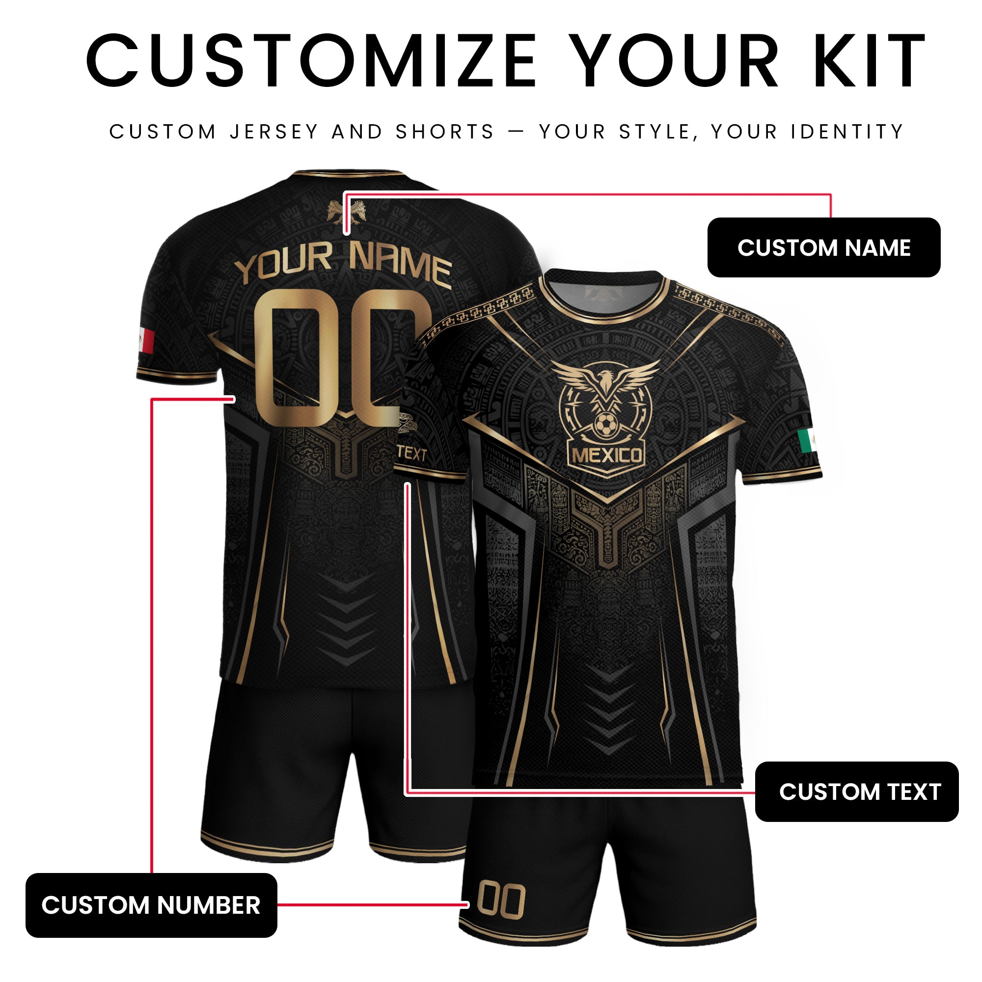 Camiseta de fútbol premium con emblema de águila azteca verde y dorado de México
