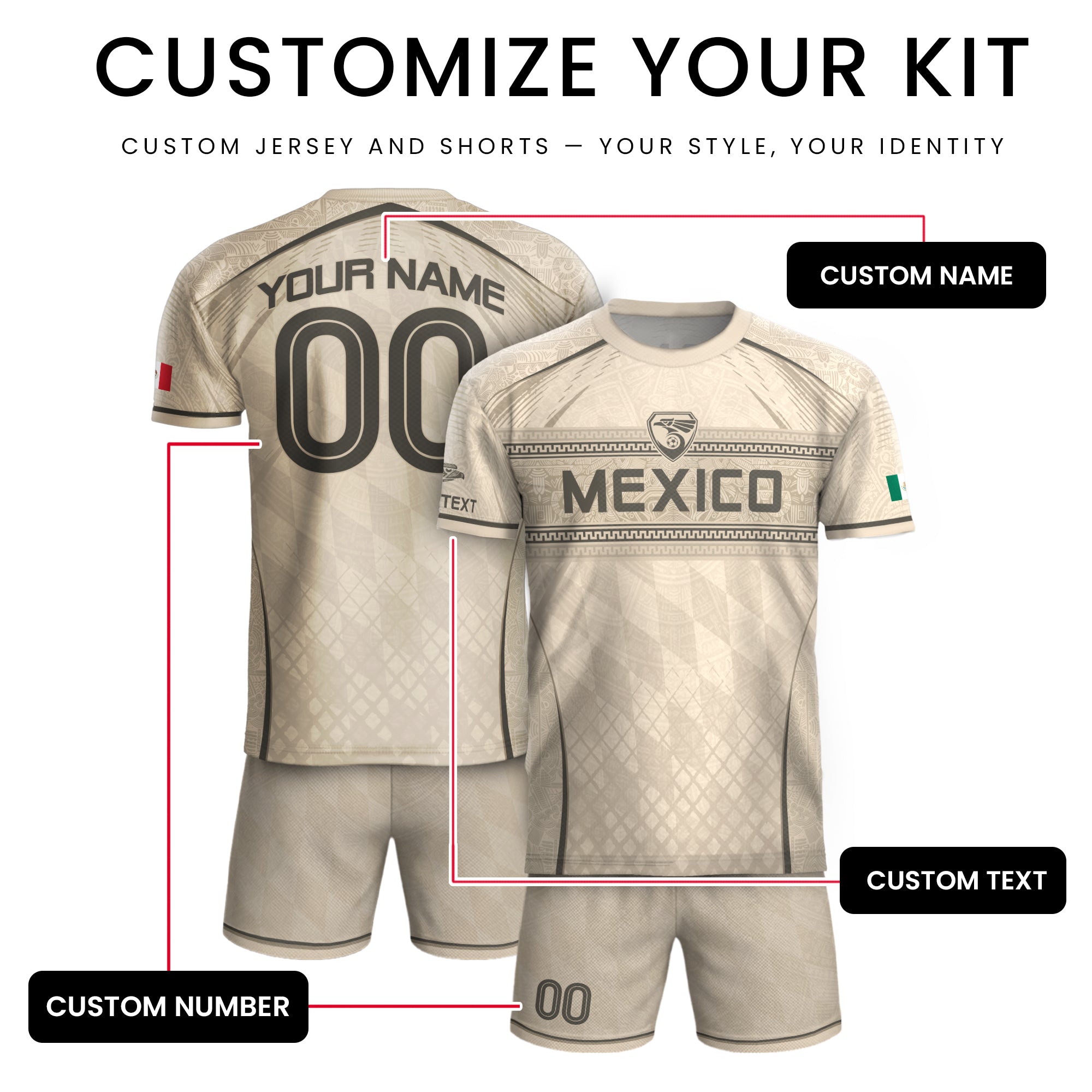 Camiseta de fútbol premium con emblema de águila azteca verde y dorado de México