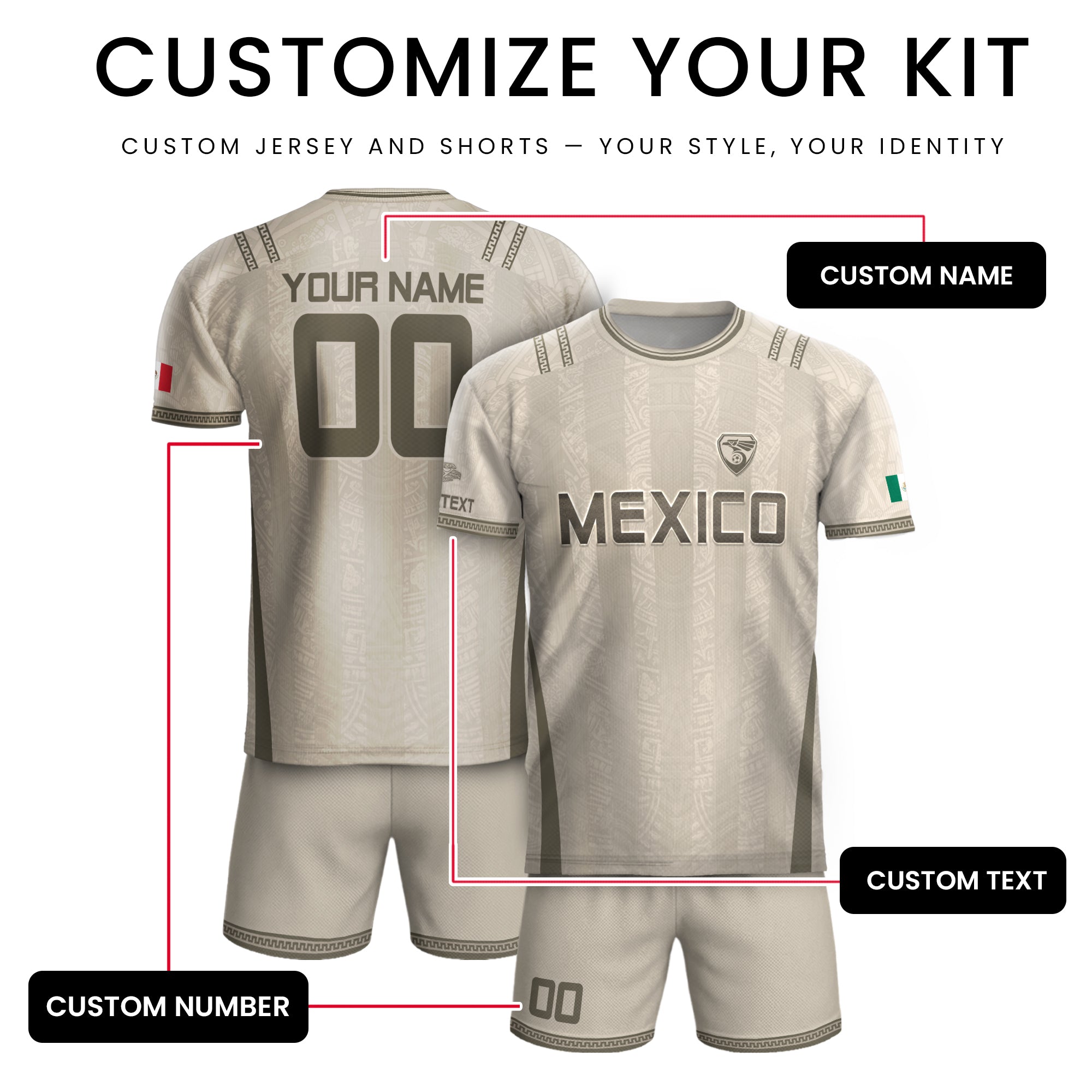 Camiseta de fútbol premium con emblema de águila azteca verde y dorado de México