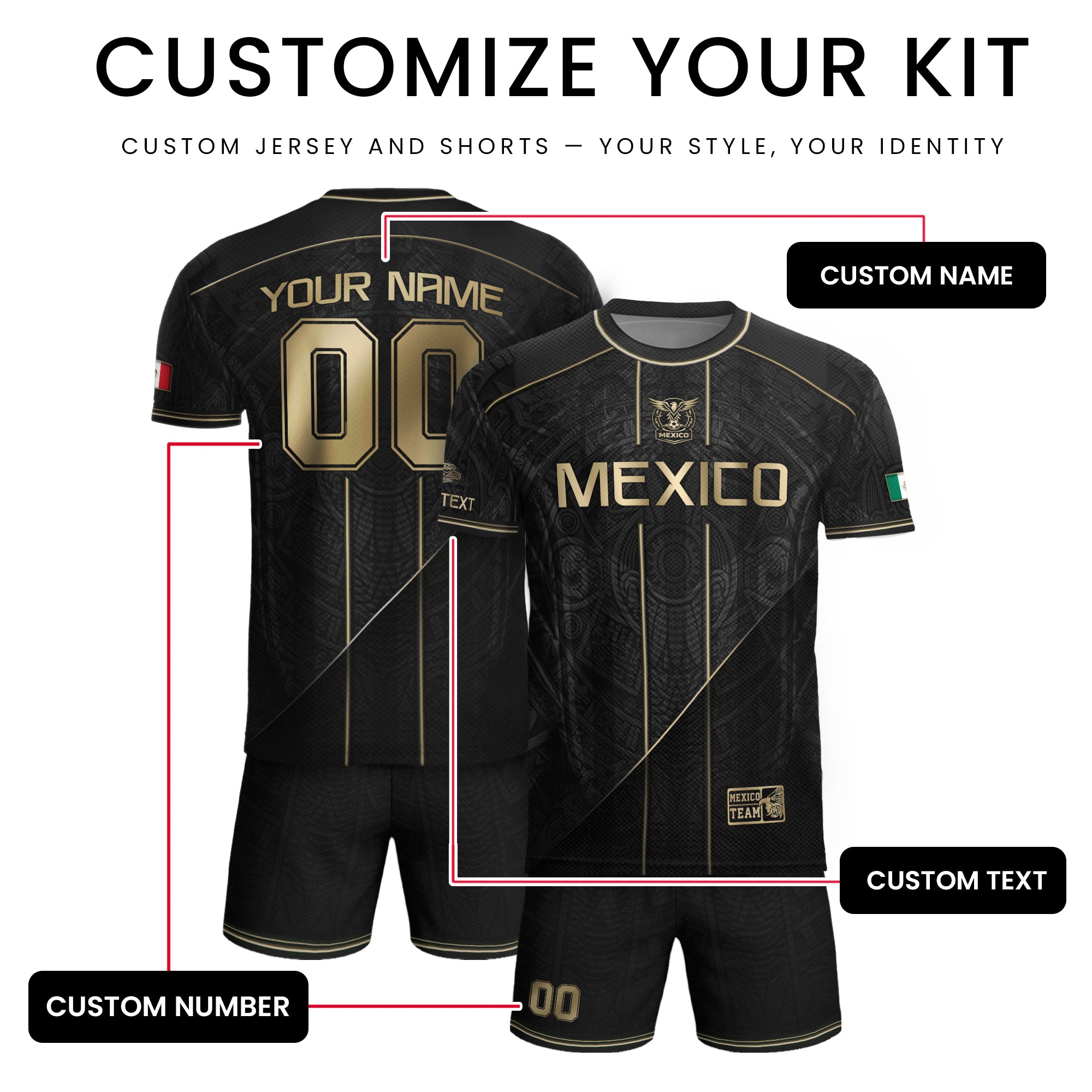 Camiseta de fútbol premium con emblema de águila azteca verde y dorado de México