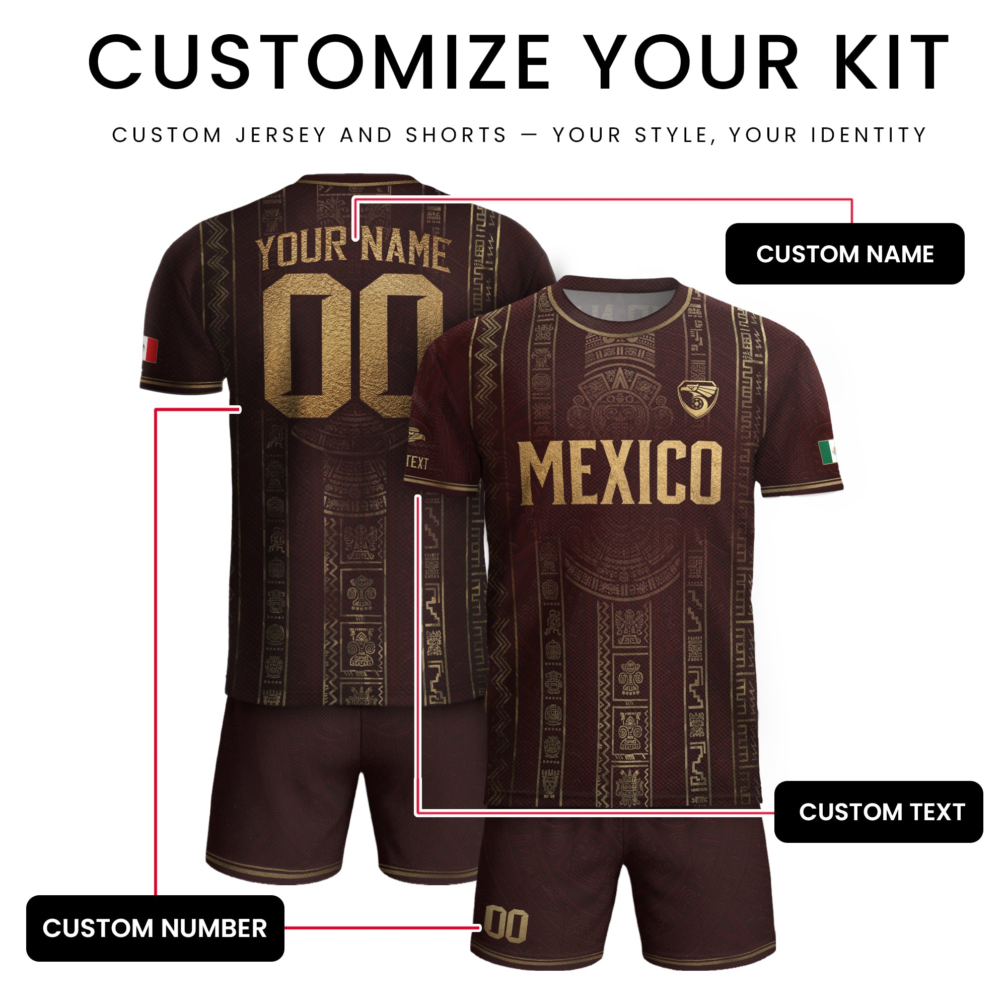 Camiseta de fútbol premium con emblema de águila azteca verde y dorado de México