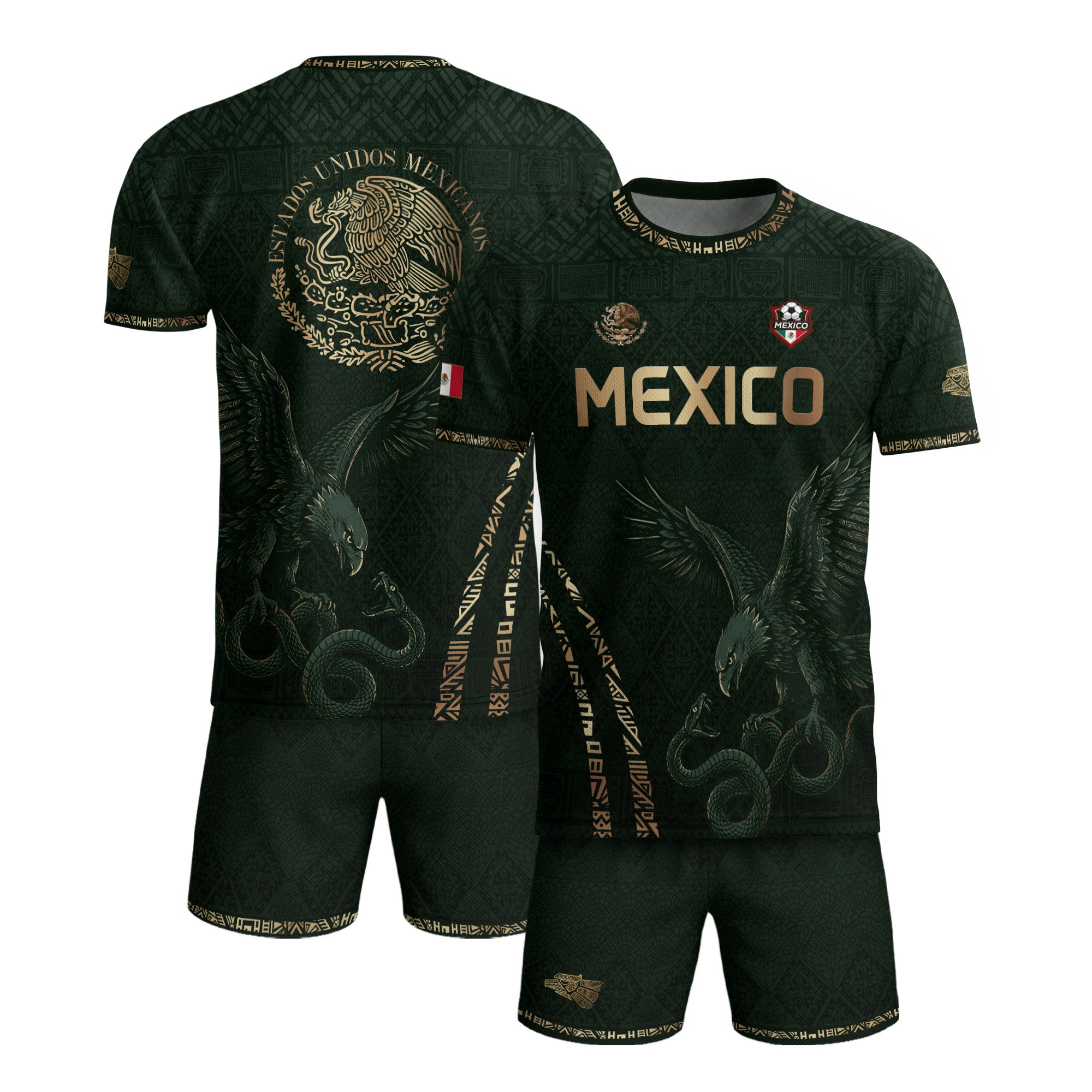 Camiseta de fútbol premium con emblema de águila azteca verde y dorado de México
