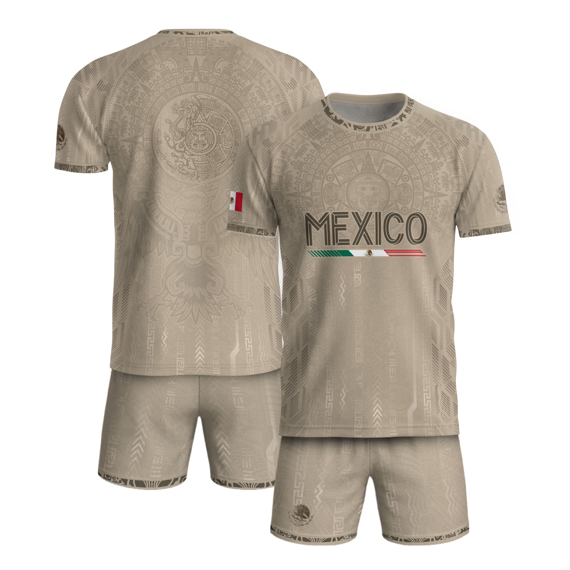 Camiseta de fútbol premium con emblema de águila azteca verde y dorado de México