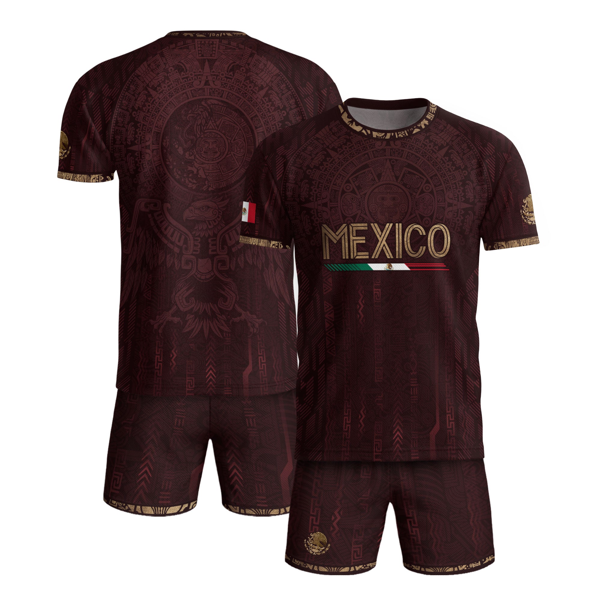 Camiseta de fútbol premium con emblema de águila azteca verde y dorado de México