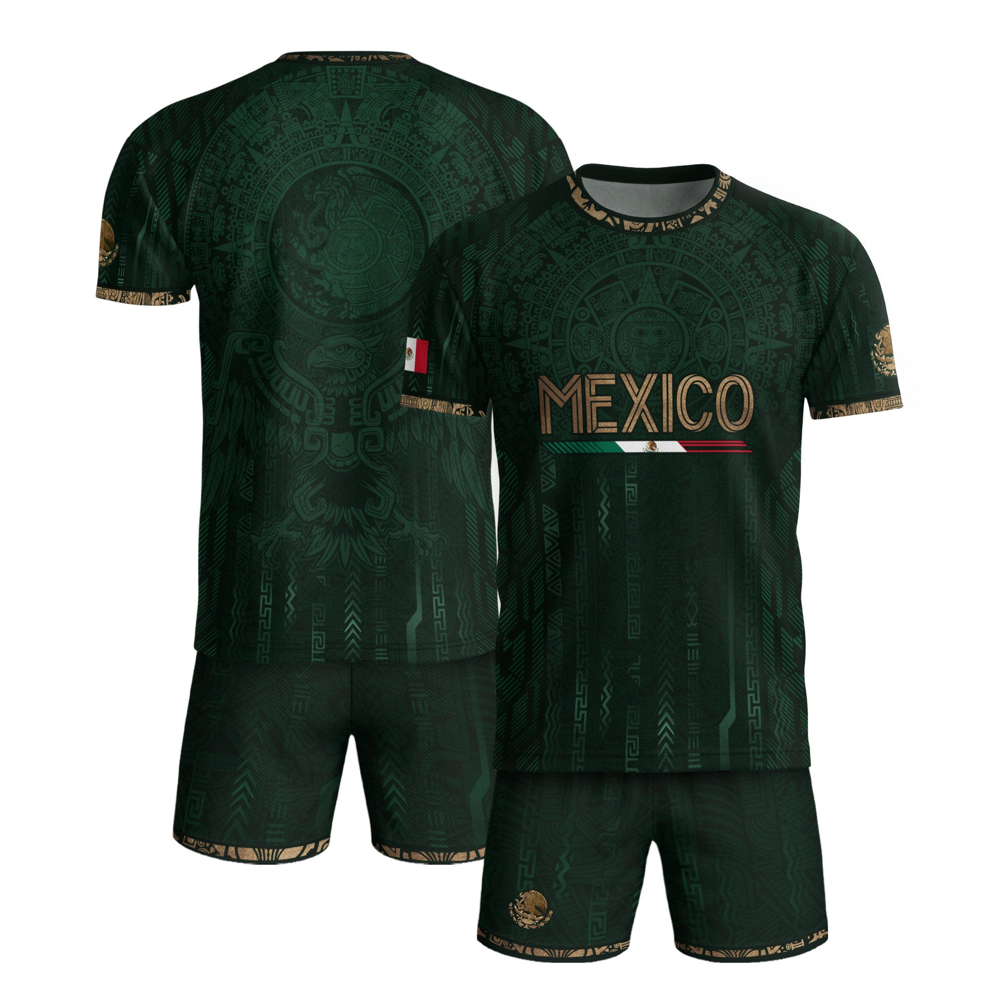 Camiseta de fútbol premium con emblema de águila azteca verde y dorado de México
