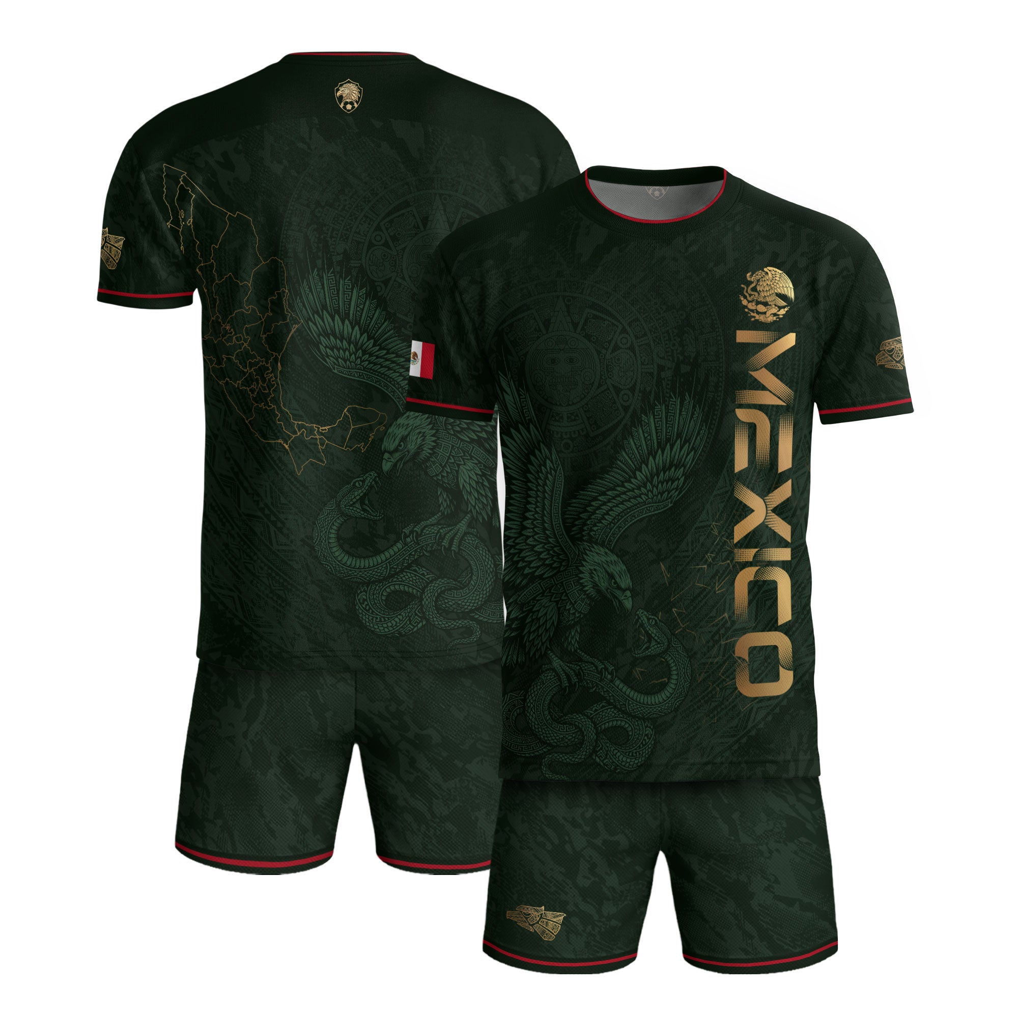 Camiseta de fútbol premium con emblema de águila azteca verde y dorado de México