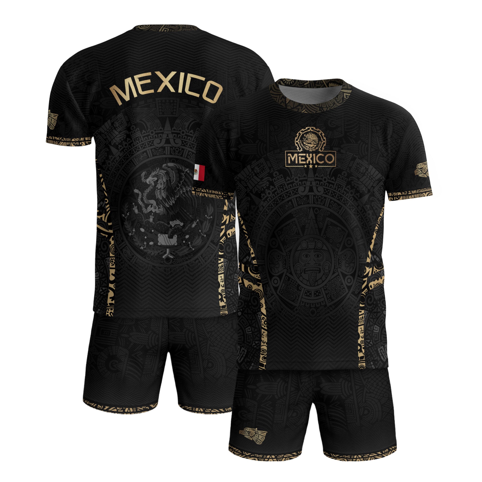 Camiseta de fútbol premium con emblema de águila azteca verde y dorado de México