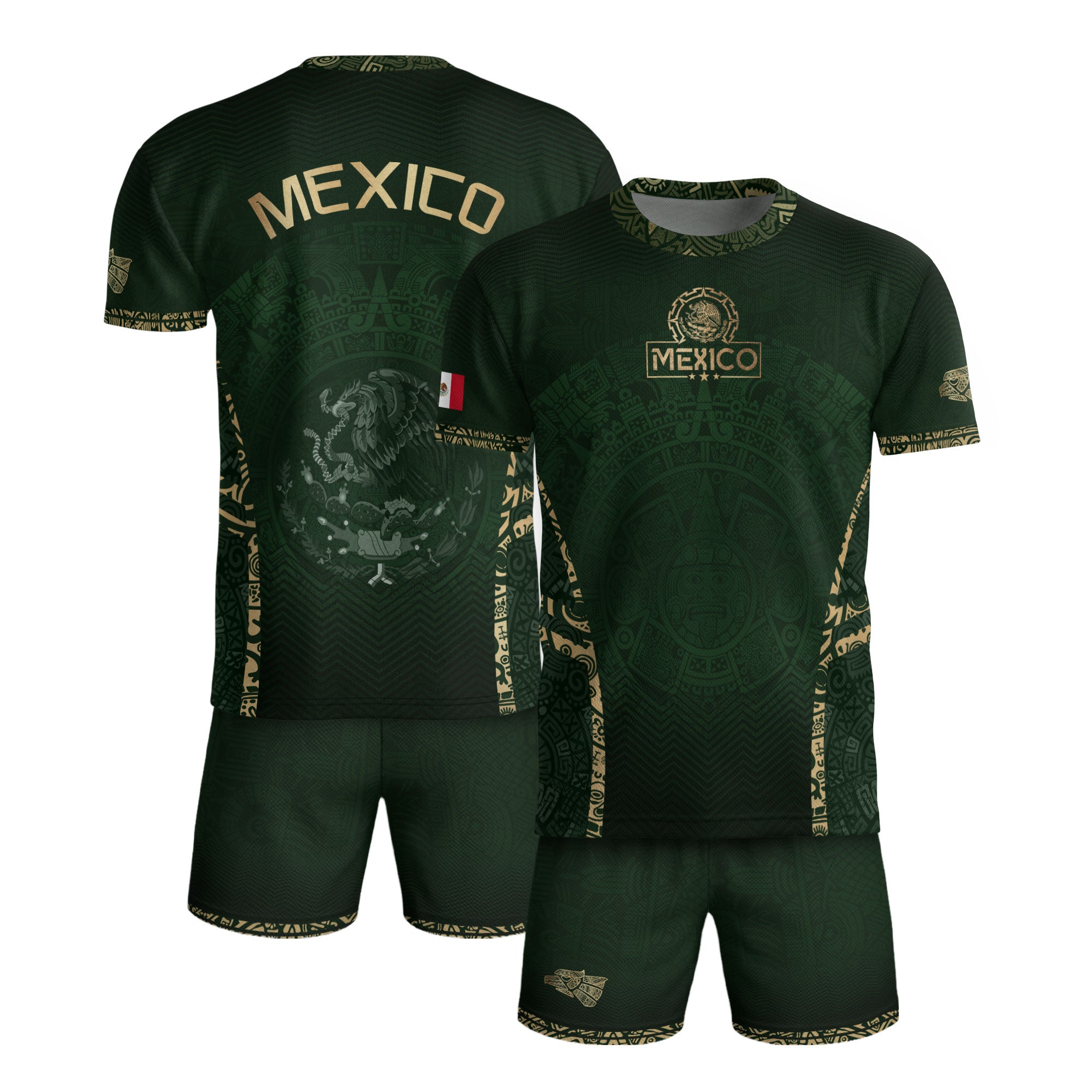 Camiseta de fútbol premium con emblema de águila azteca verde y dorado de México