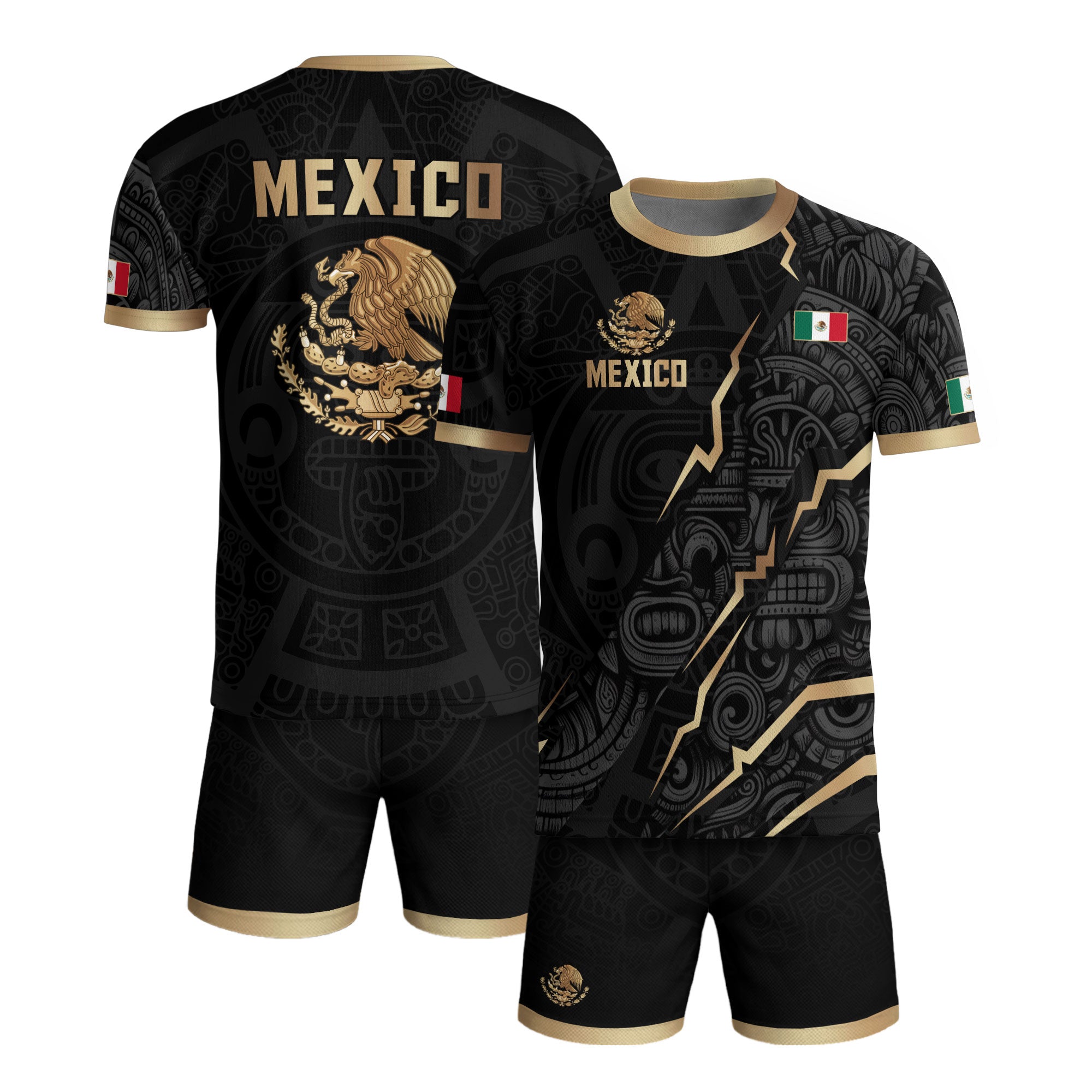 Camiseta de fútbol de la herencia del guerrero azteca del águila dorada negra de México