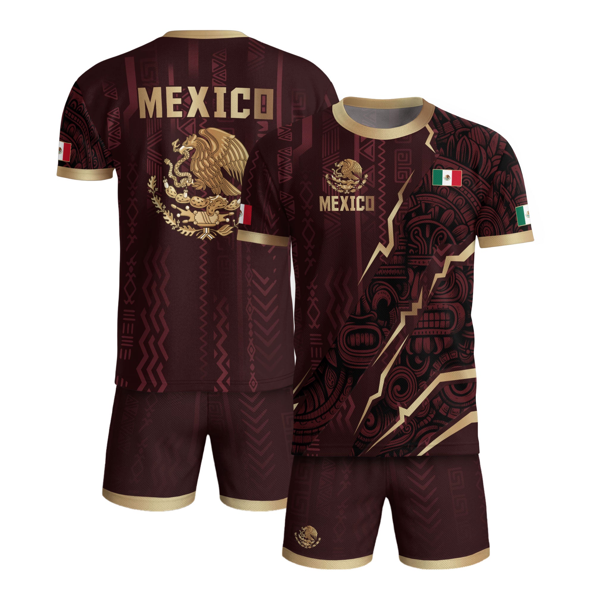 Camiseta de fútbol de la herencia del guerrero azteca del águila dorada negra de México