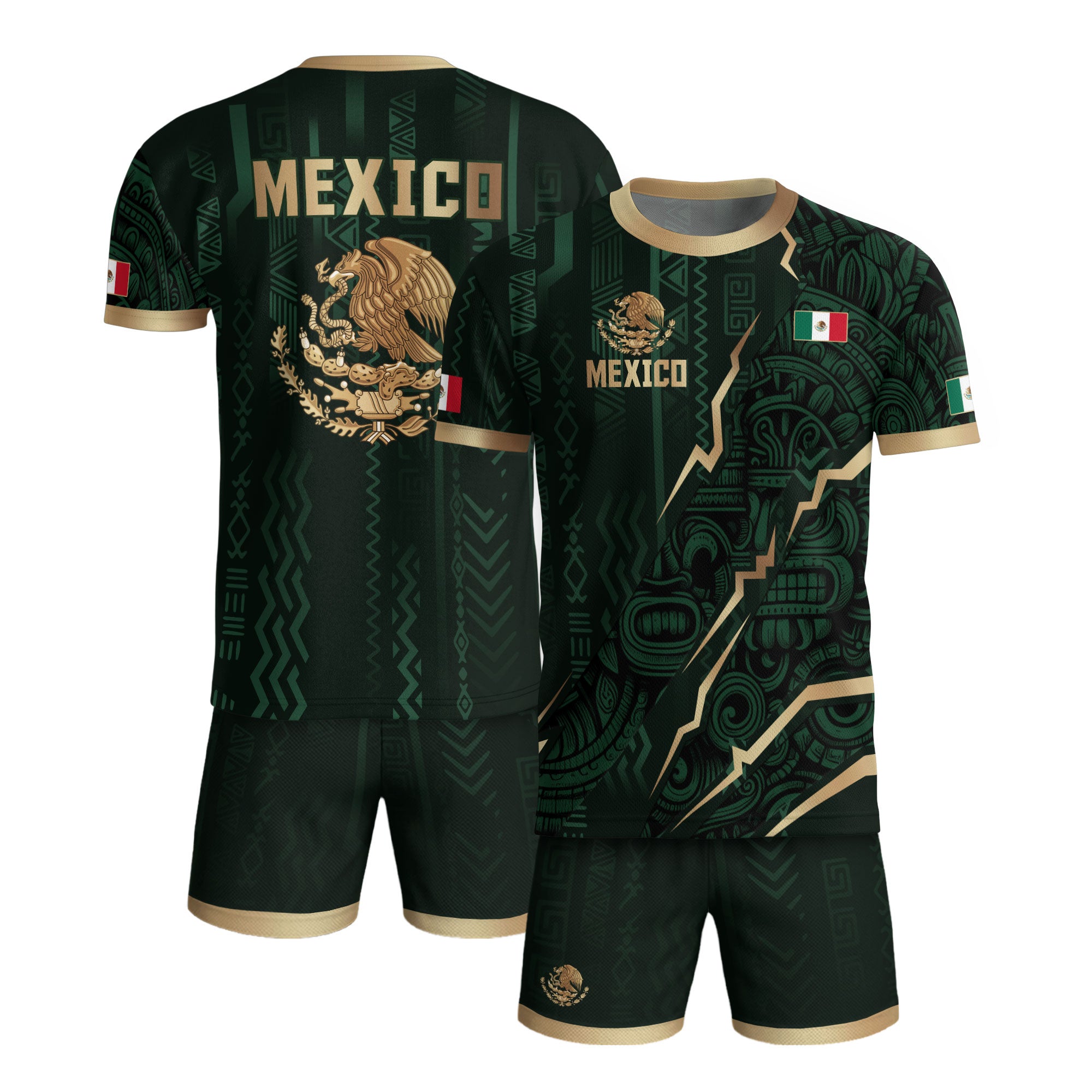 Camiseta de fútbol de la herencia del guerrero azteca del águila dorada negra de México