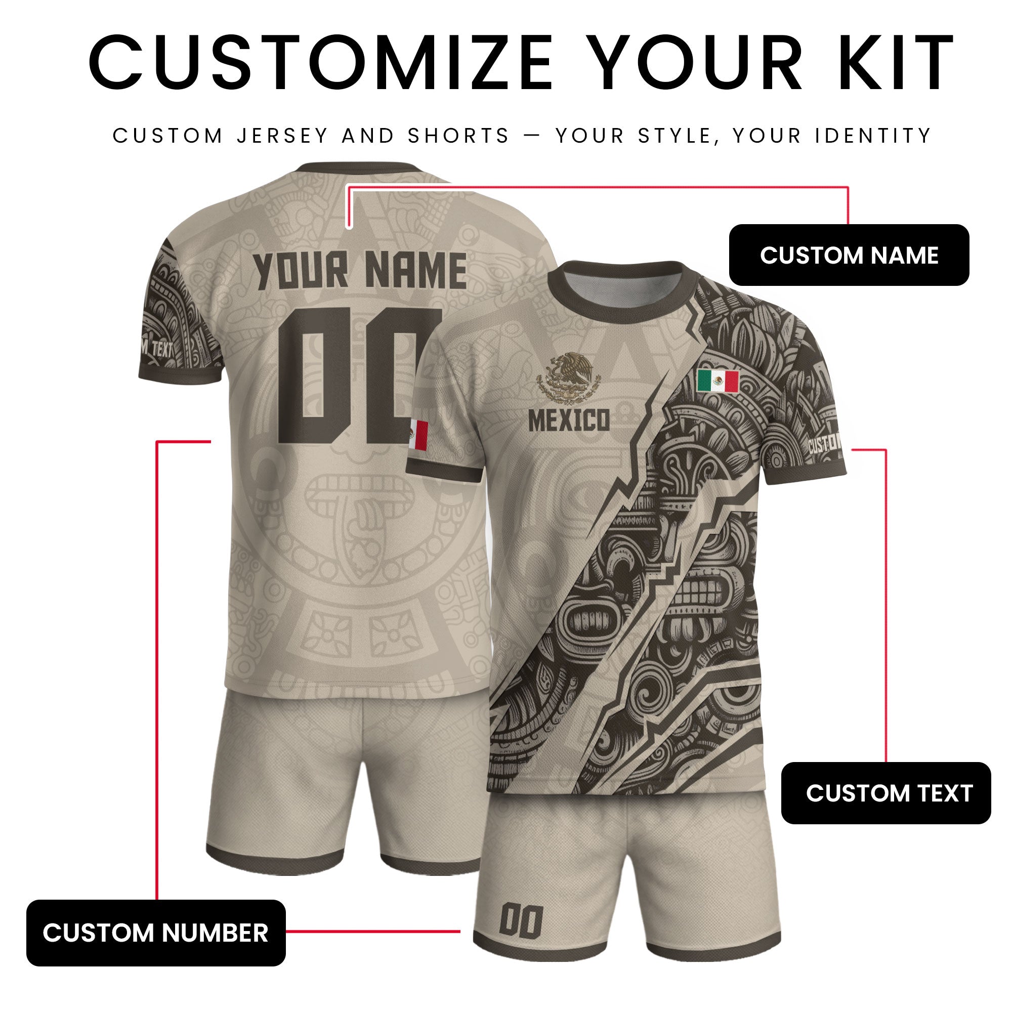 Custom Beige Mexico Soccer Jersey Aztec Eagle Heritage Gold Trim Mexican Football Shirt