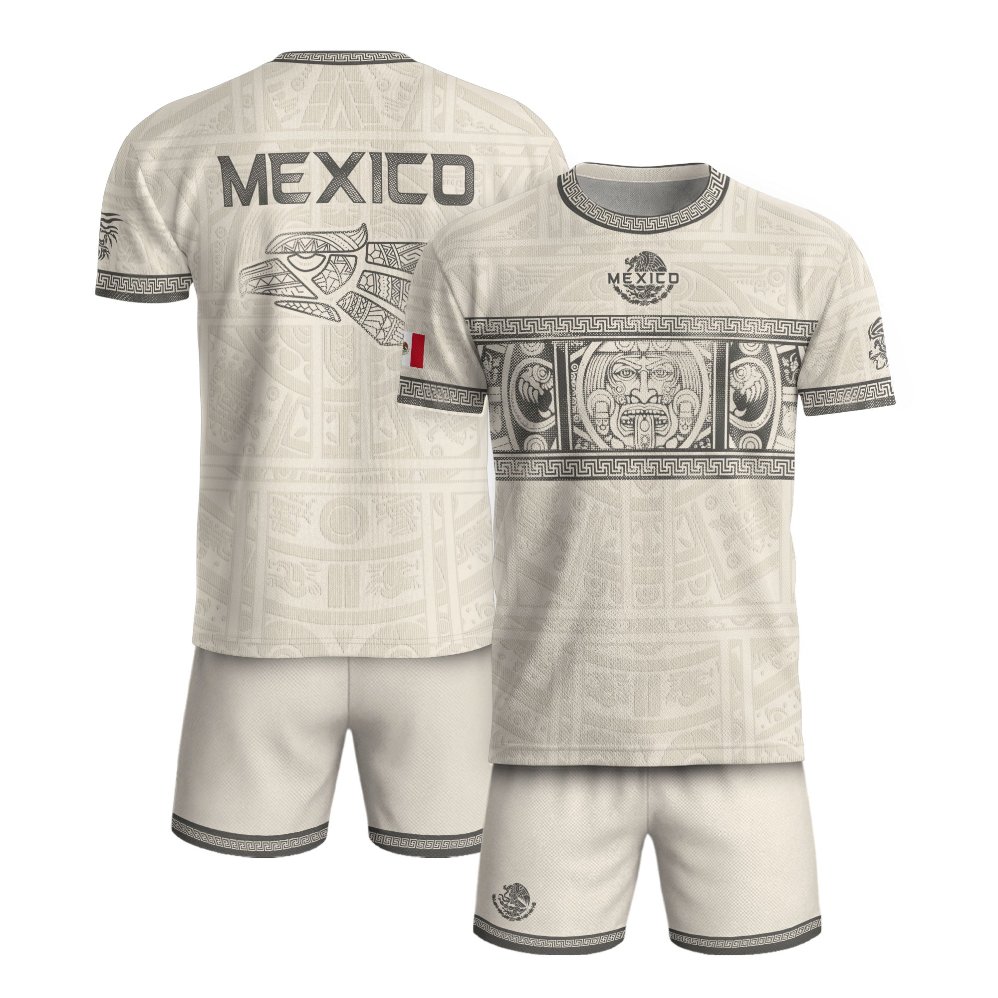 Beige Mexico Soccer Jersey Aztec Heritage Trim Mexican Football Shirt Men Women