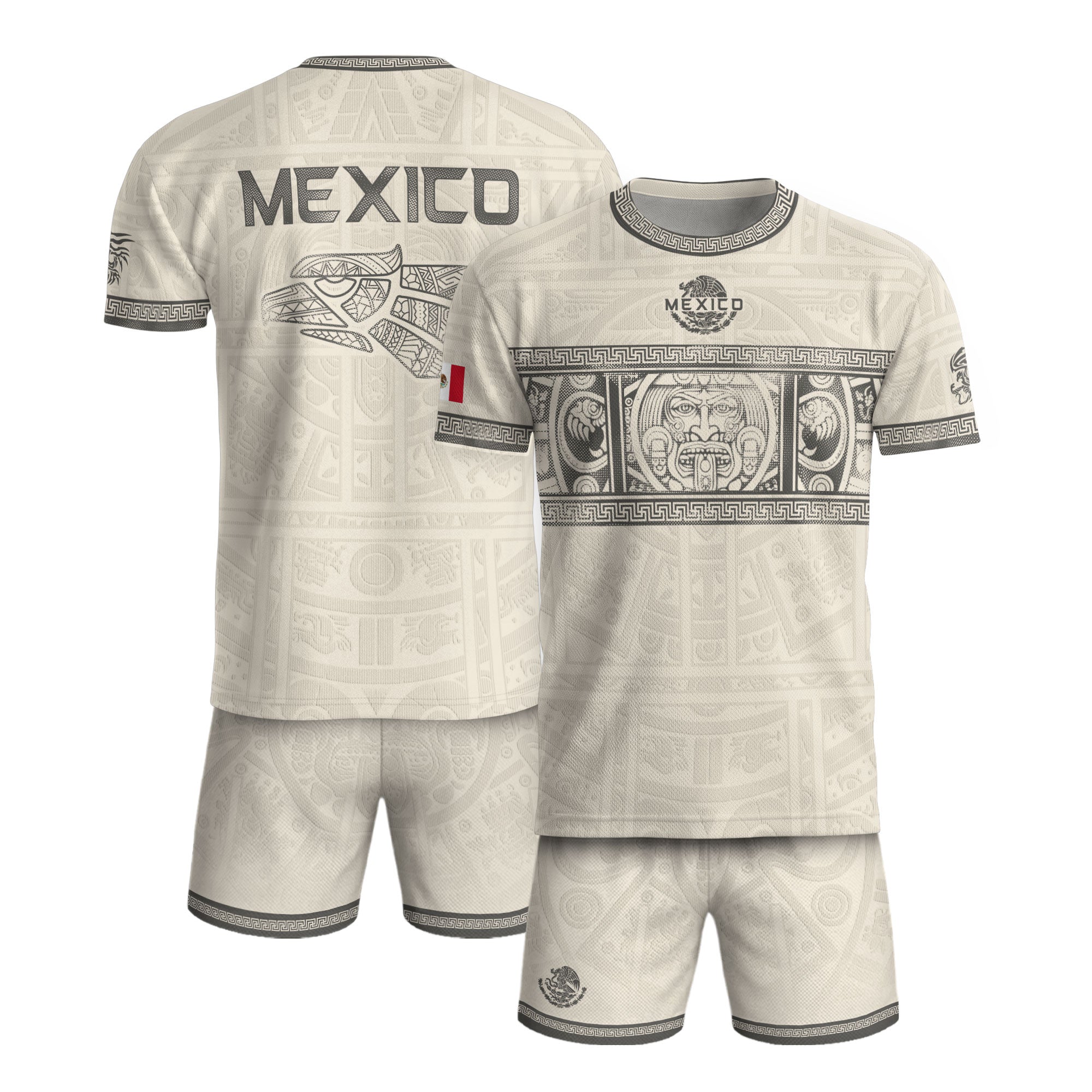Beige Mexico Soccer Jersey Aztec Heritage Trim Mexican Football Shirt Men Women