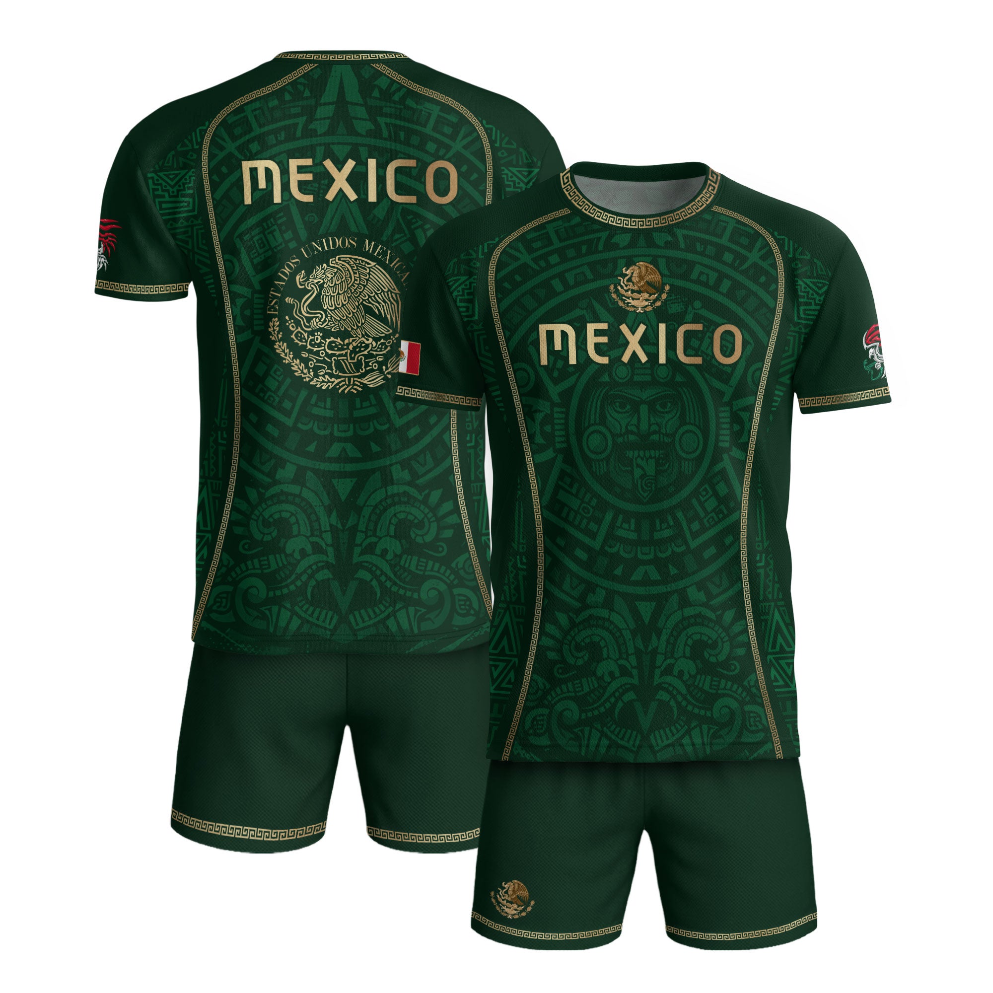 Green Mexico Soccer Jersey Aztec Sun Calendar Mexican Football Shirt for Fans