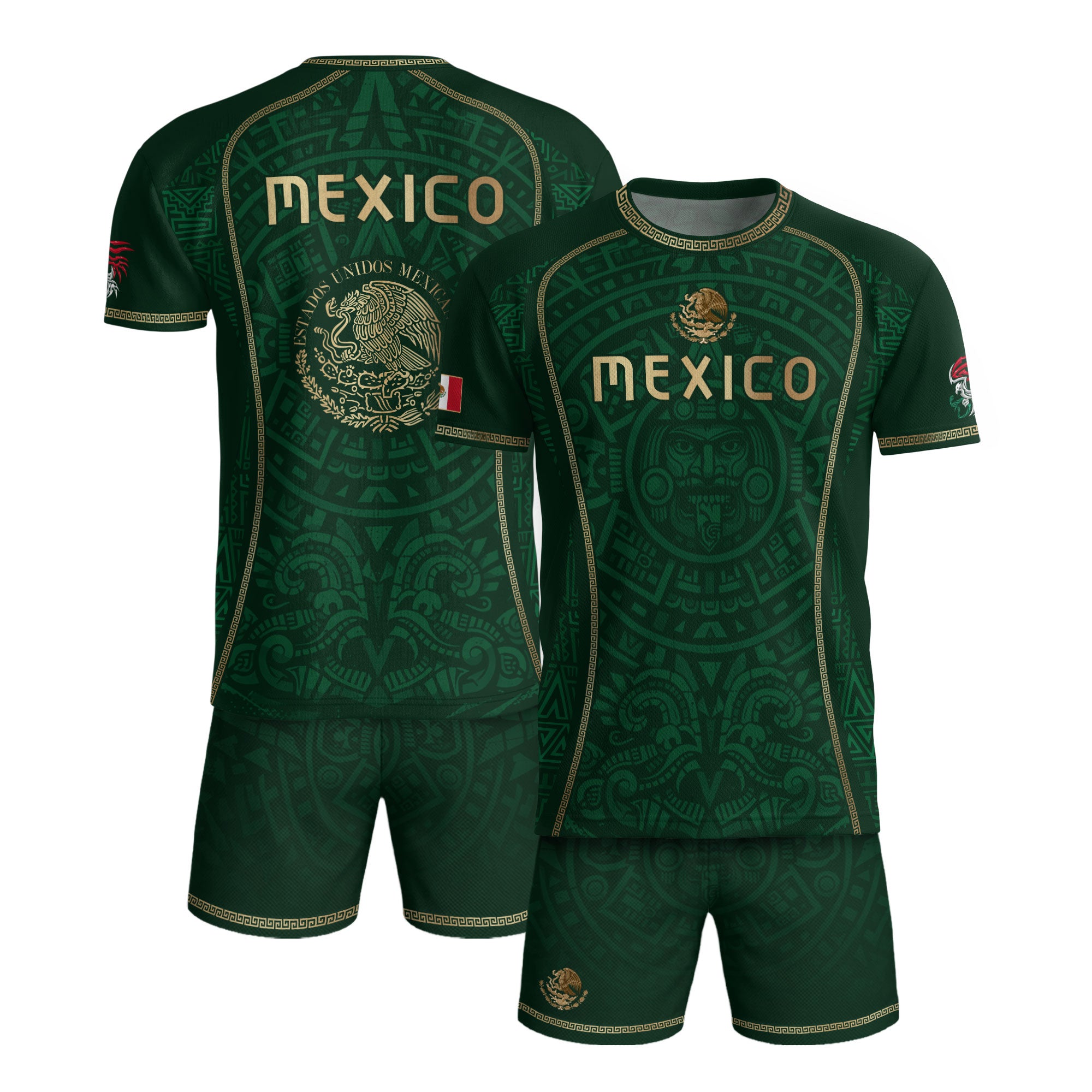 Green Mexico Soccer Jersey Aztec Sun Calendar Mexican Football Shirt for Fans