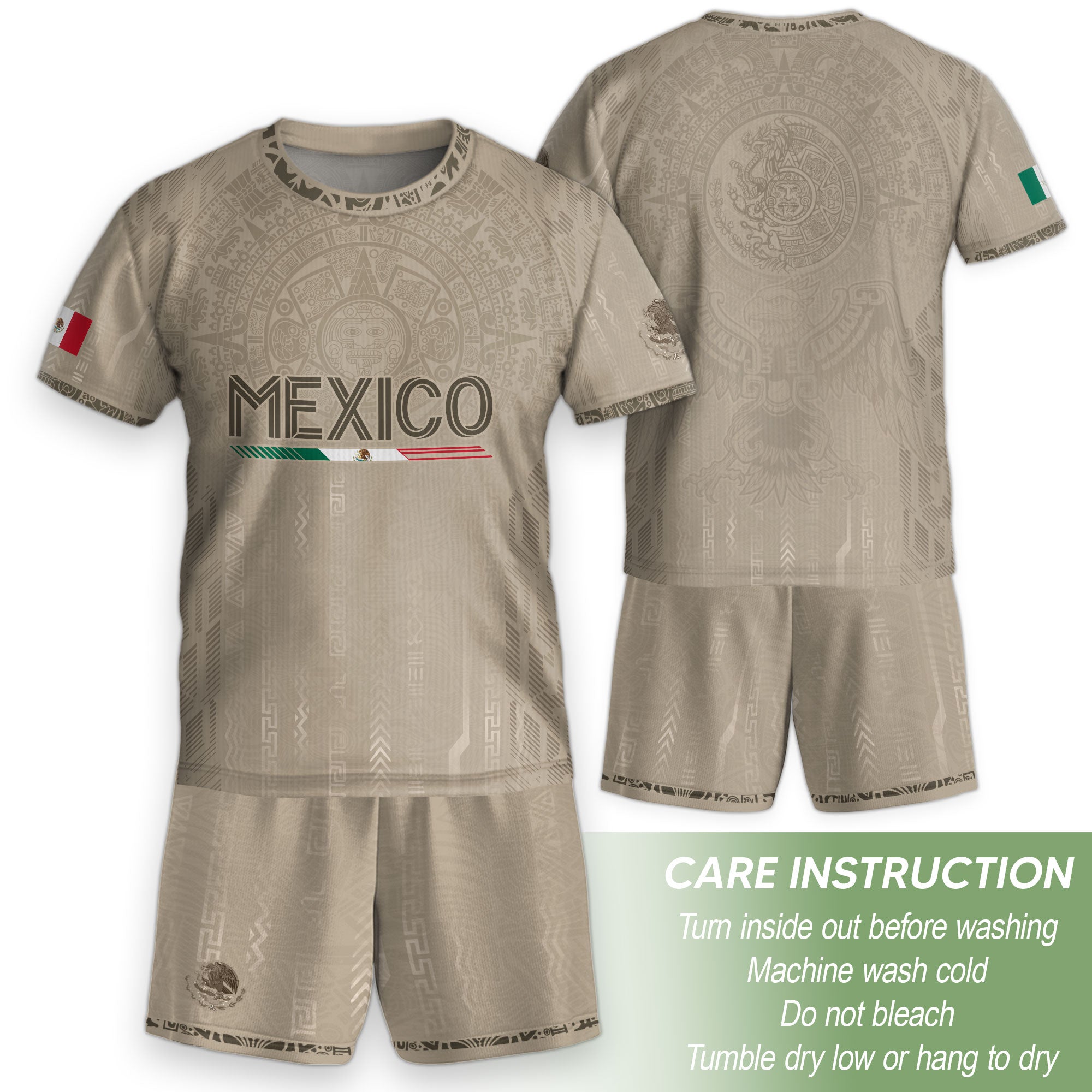 Mexico Soccer Jersey Kid Youth Aztec Calendar Beige Football Shirt Set