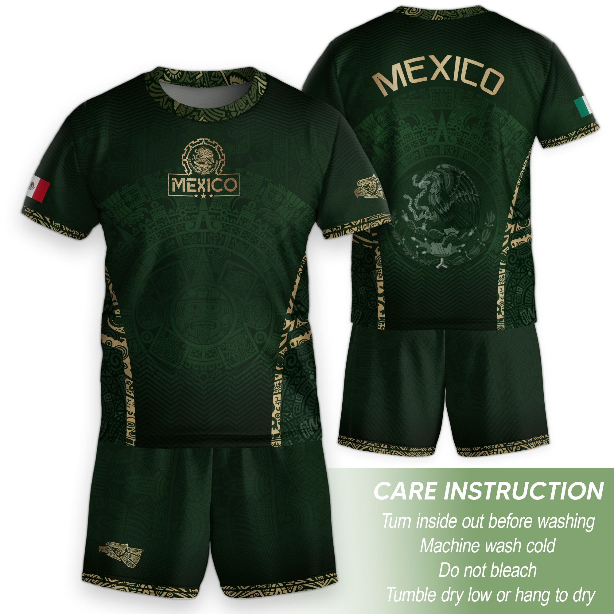 Mexico Kids Soccer Jersey Youth Green Gold Aztec Calendar Eagle Heritage Football Shirt