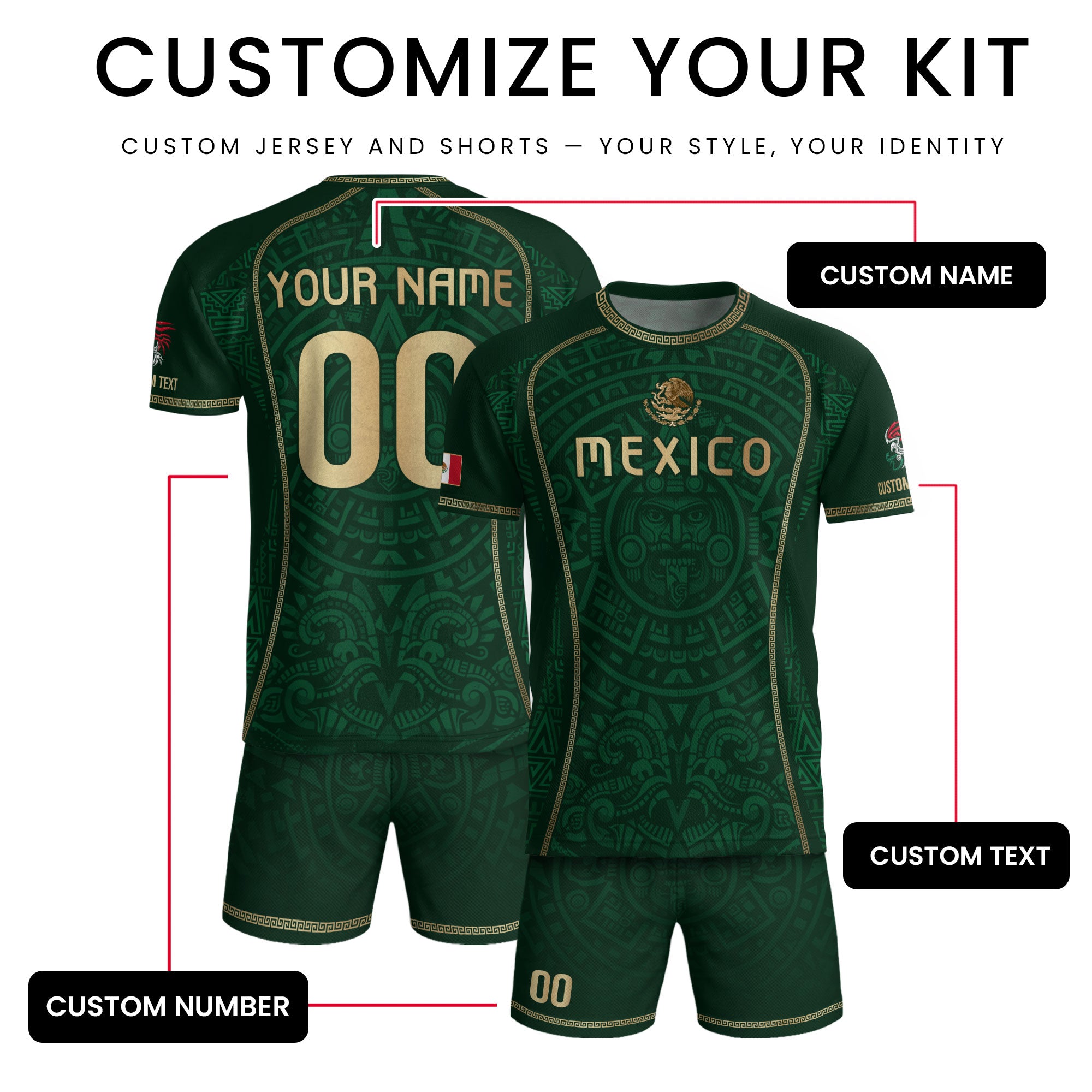 Custom Mexico Soccer Jersey Green Aztec Calendar Culture Men Mexican Football Shirt