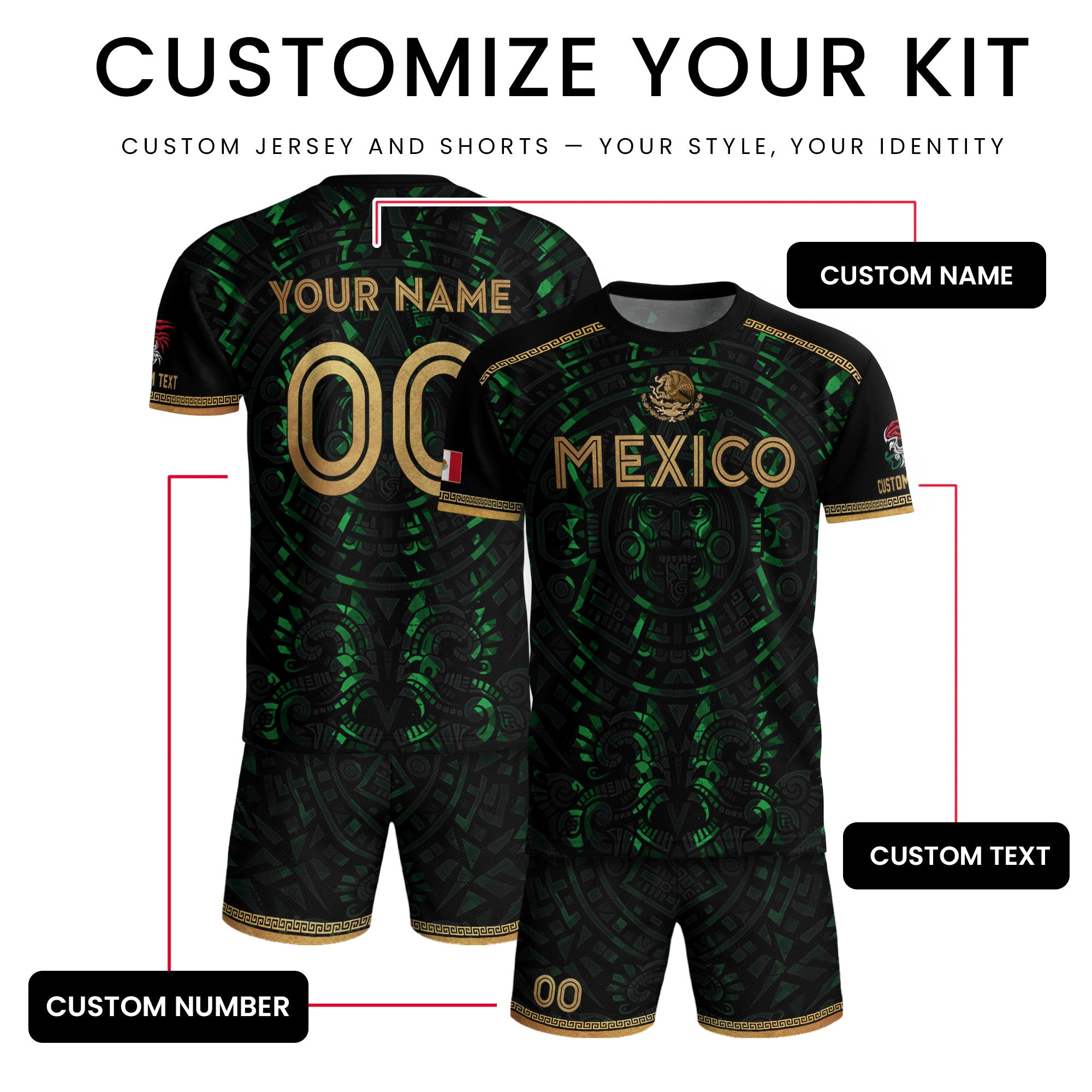 Custom Mexico Soccer Jersey Green Men Aztec Calendar Heritage Mexican Football Shirt