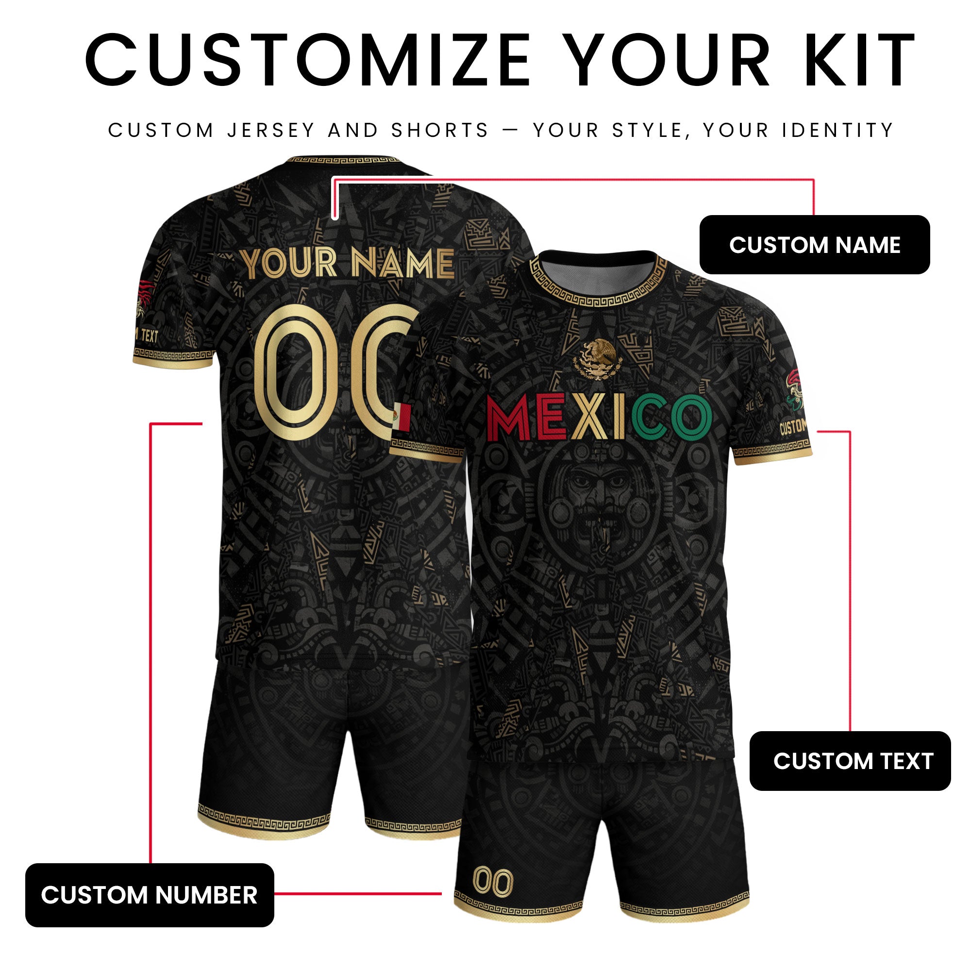 Personalized Mexico Soccer Jersey Black Aztec Calendar Men Mexican Football Shirt Flag