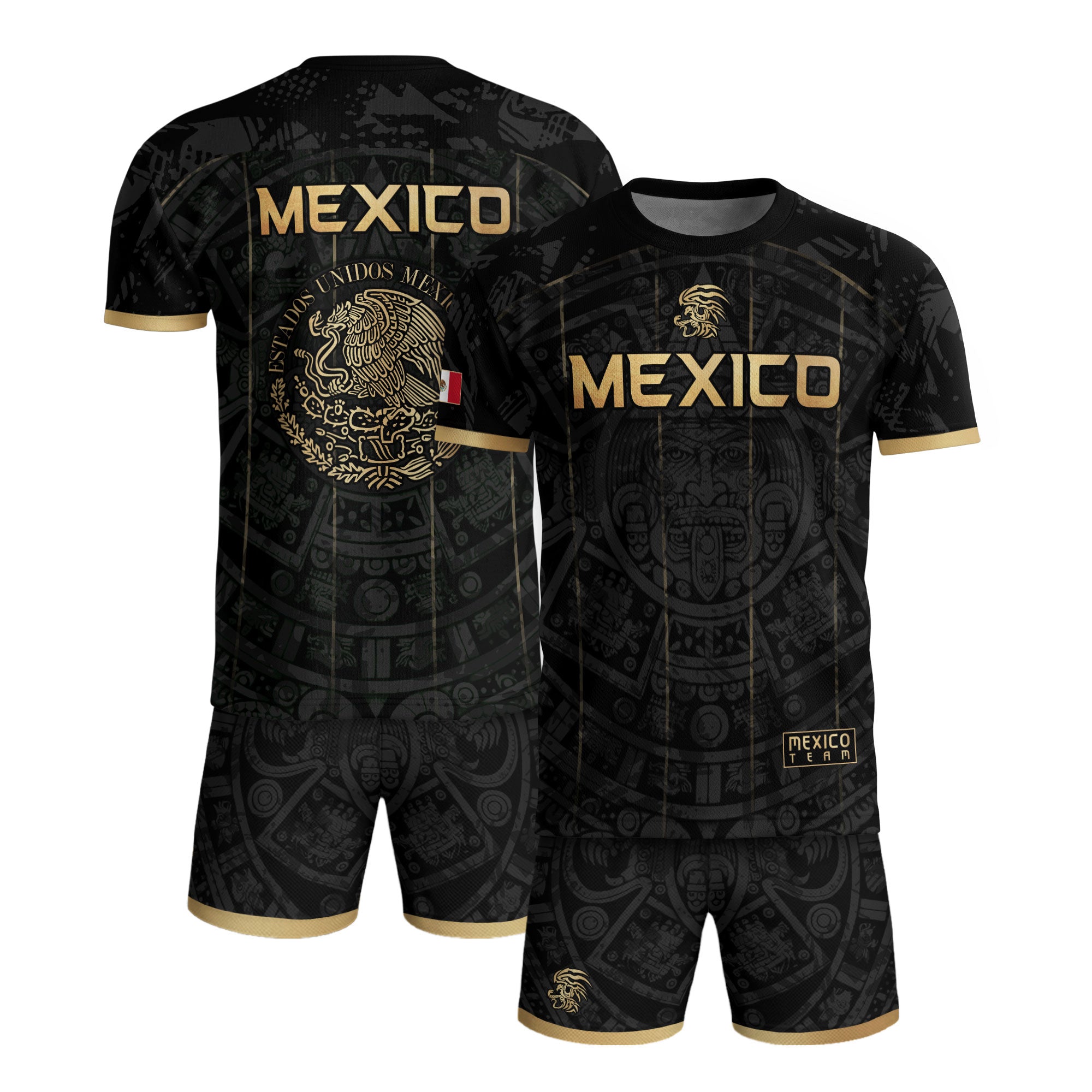 Men's Black Mexico Aztec Calendar Graphic T-Shirt – Gold Mexico Eagle Heritage Print Tee