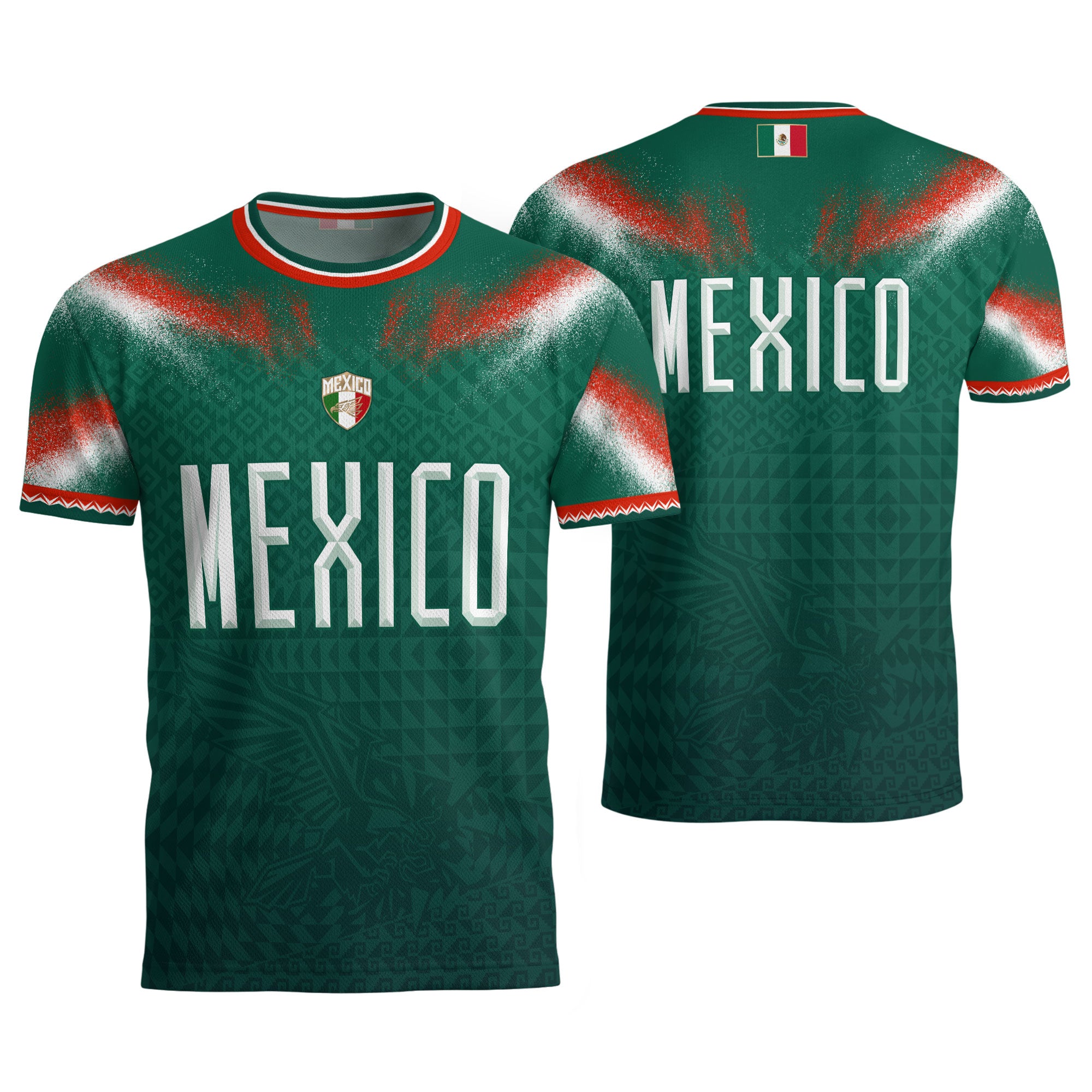 Camiseta de fútbol premium con emblema de águila azteca verde y dorado de México