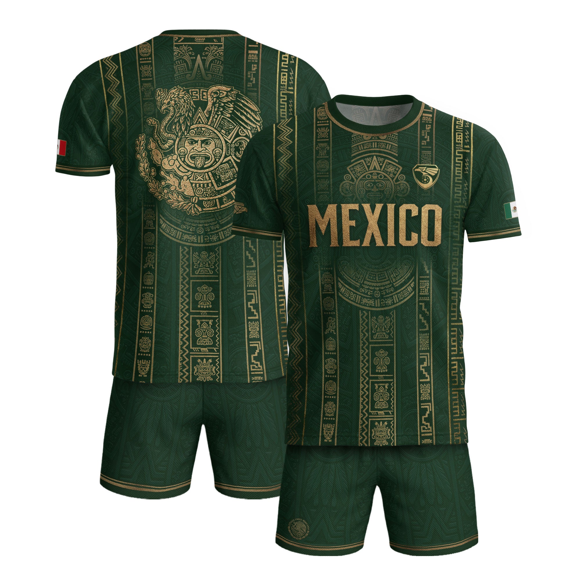 Mexico Soccer Jersey Men Green Gold Aztec Sun Stone Mexican Football Shirt