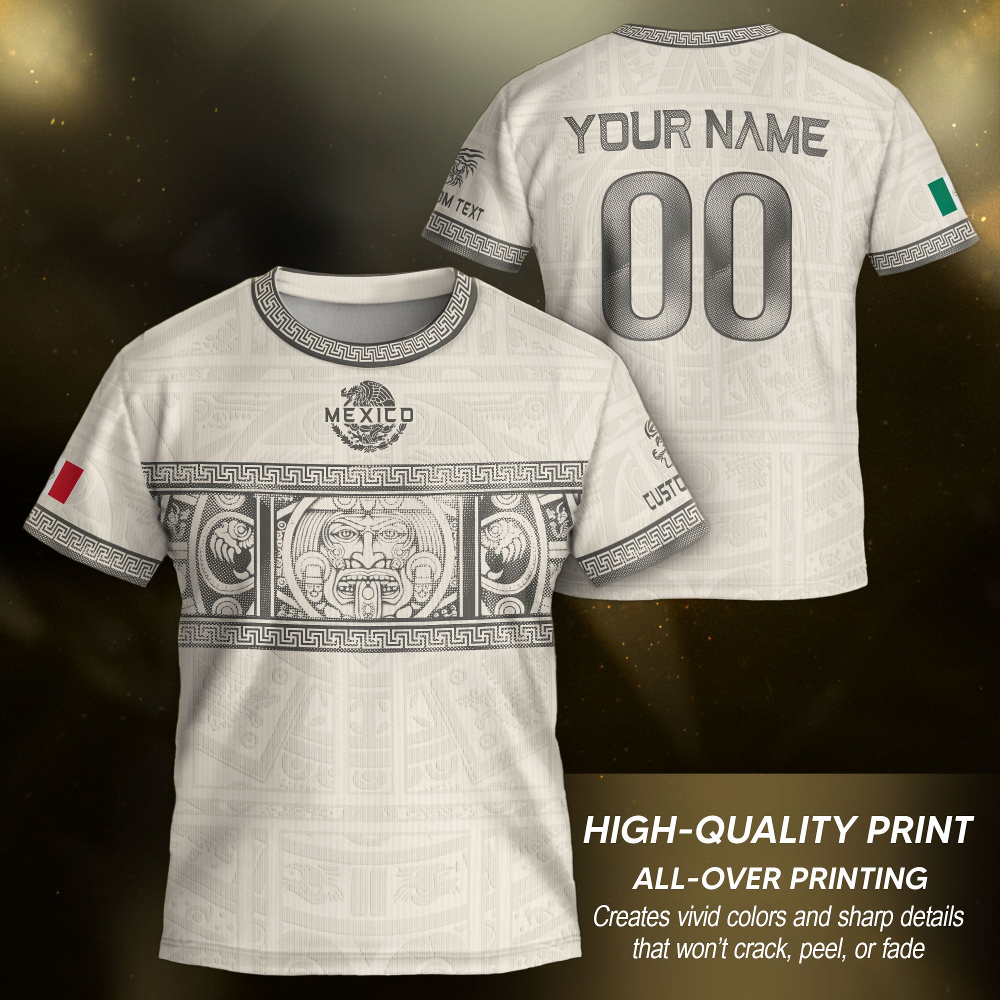 Camiseta de fútbol infantil personalizada de México, diseño beige con calendario azteca.